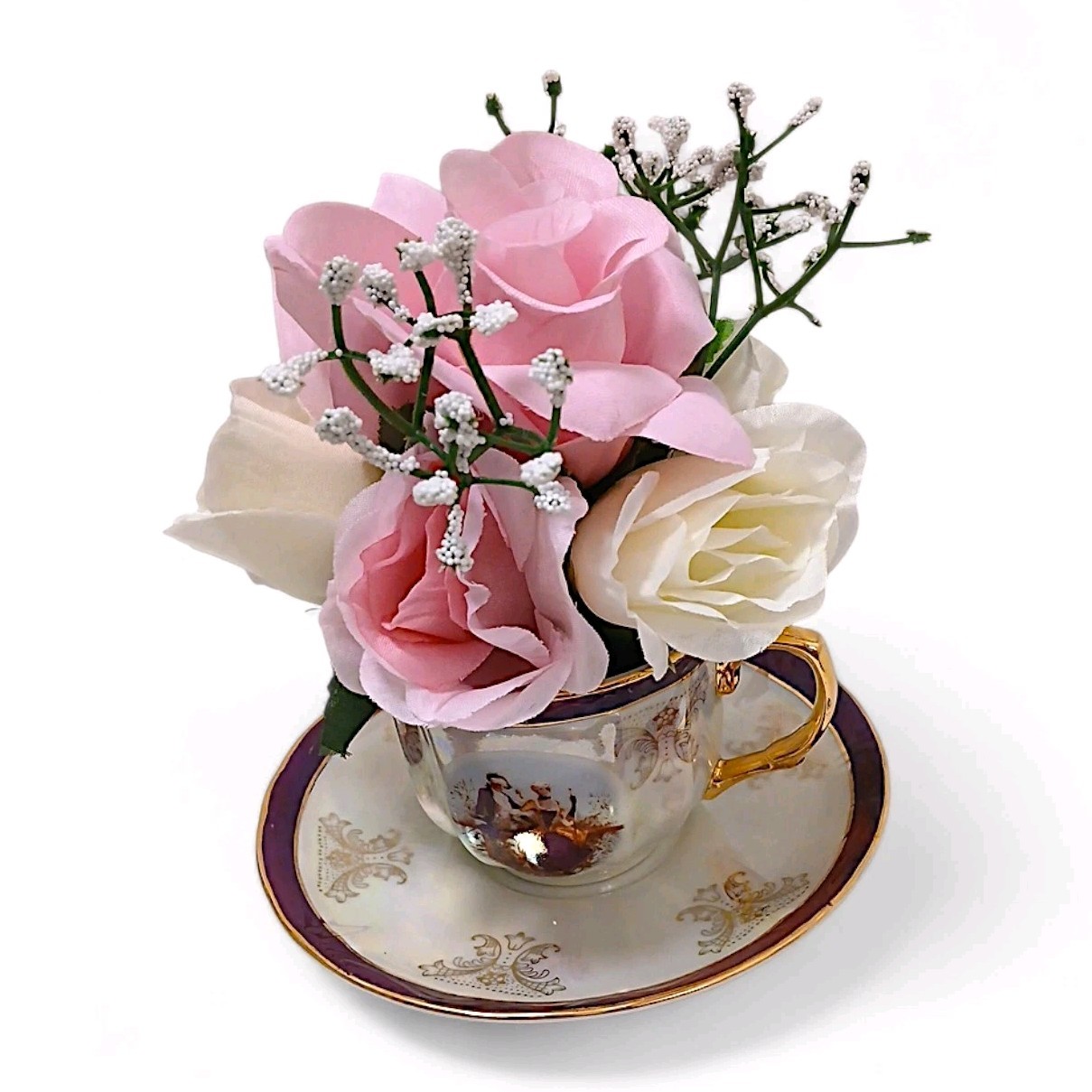 Bridal Pink & White Roses Floral Arrangement Tea Party Cup POP-IN Birthday Love