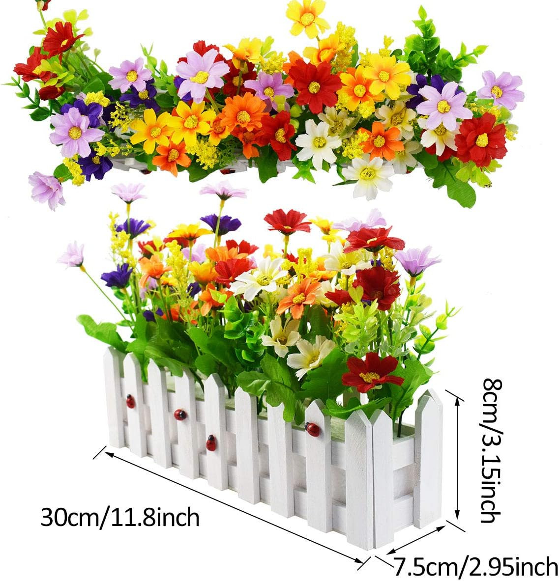 Artificial Flower Plants – Mixed Color Daisies in Picket Fence Pot for Indoor Of