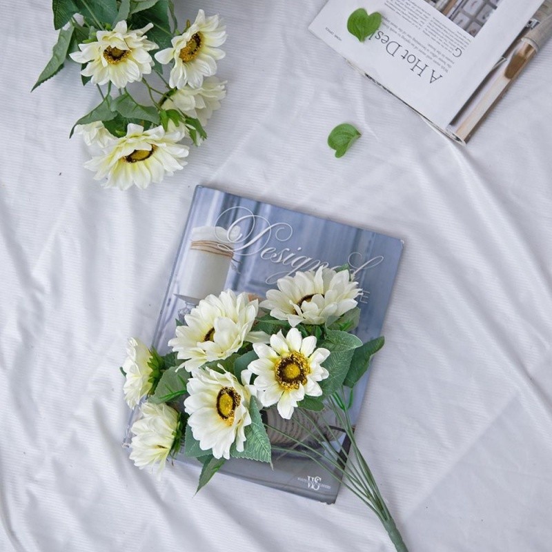 4pack, Artificial Cream Sunflower Bush, Garden Home Table Flower Decor