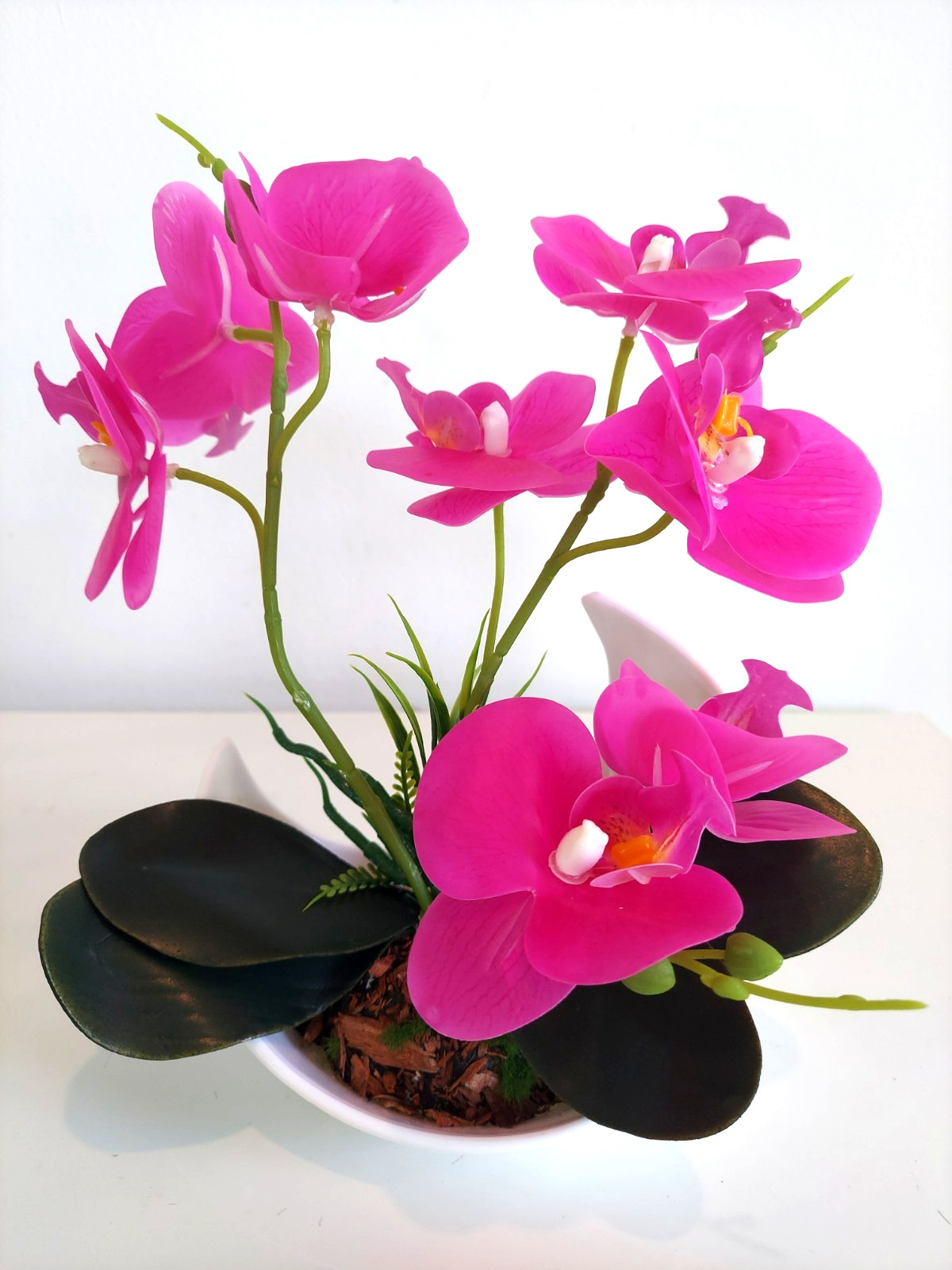 Artificial Bonsai Phalaenopsis Orchid Flower Fushia Purple Plant Potted 9.5″ H