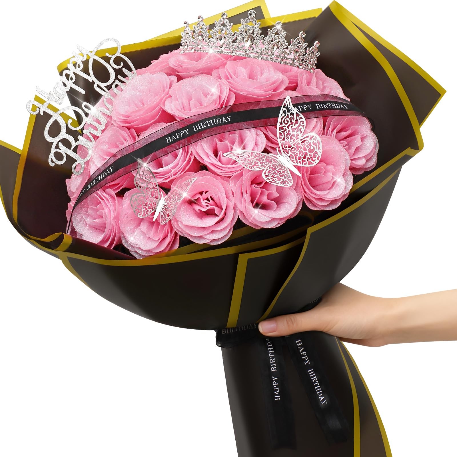 Glitter Roses Bouquet 24 Pink DIY Gift for Women Mom – Birthday Decor