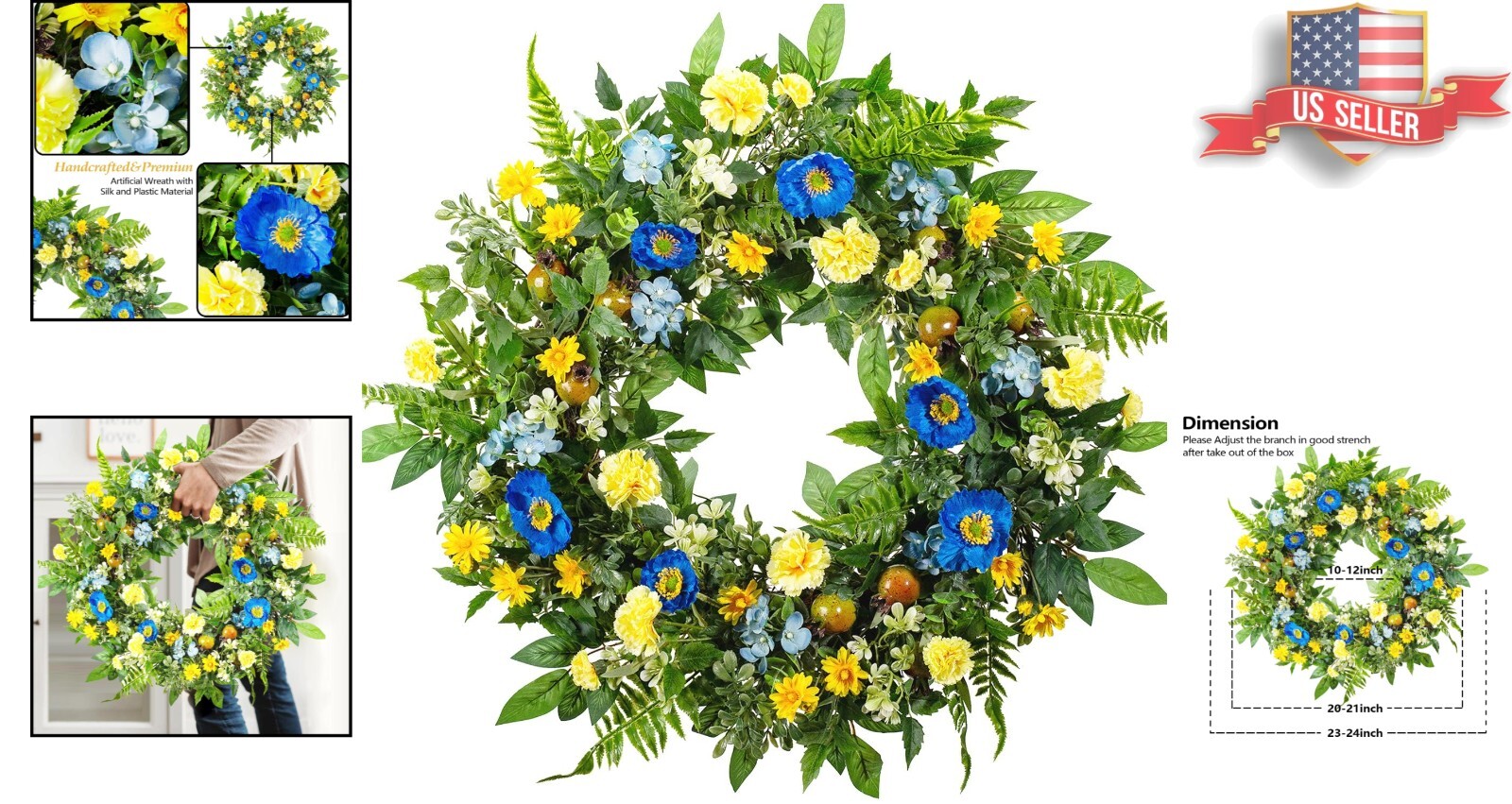 24-Inch Spring & Summer Flower Wreath – Blue & Yellow Elegance for Front Door