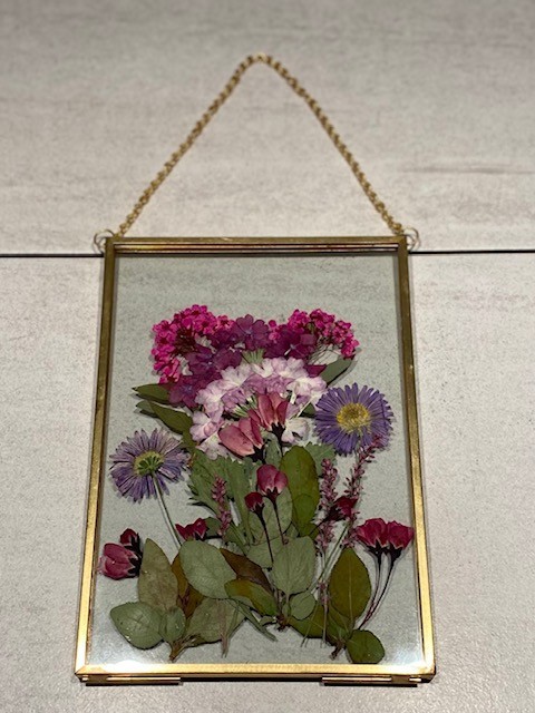 Handmade pressed real dried flowers in brass double glass floating frame