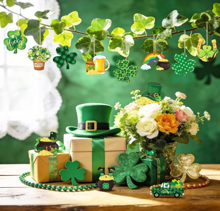 24 Pcs St Patricks Day Ornaments for Tree Wooden Shamrock Tree Large Green
