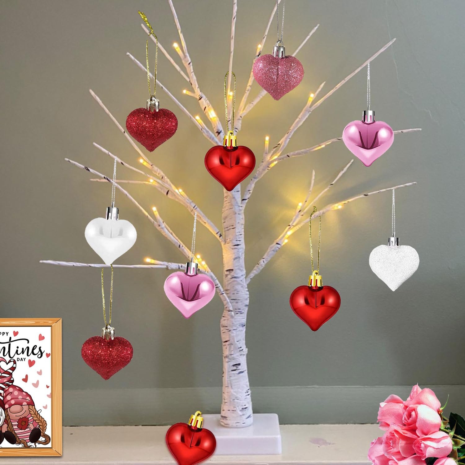 24 Inch Valentine Lighted Birch Tree Centerpiece Table 12 PCS Heart Ornament