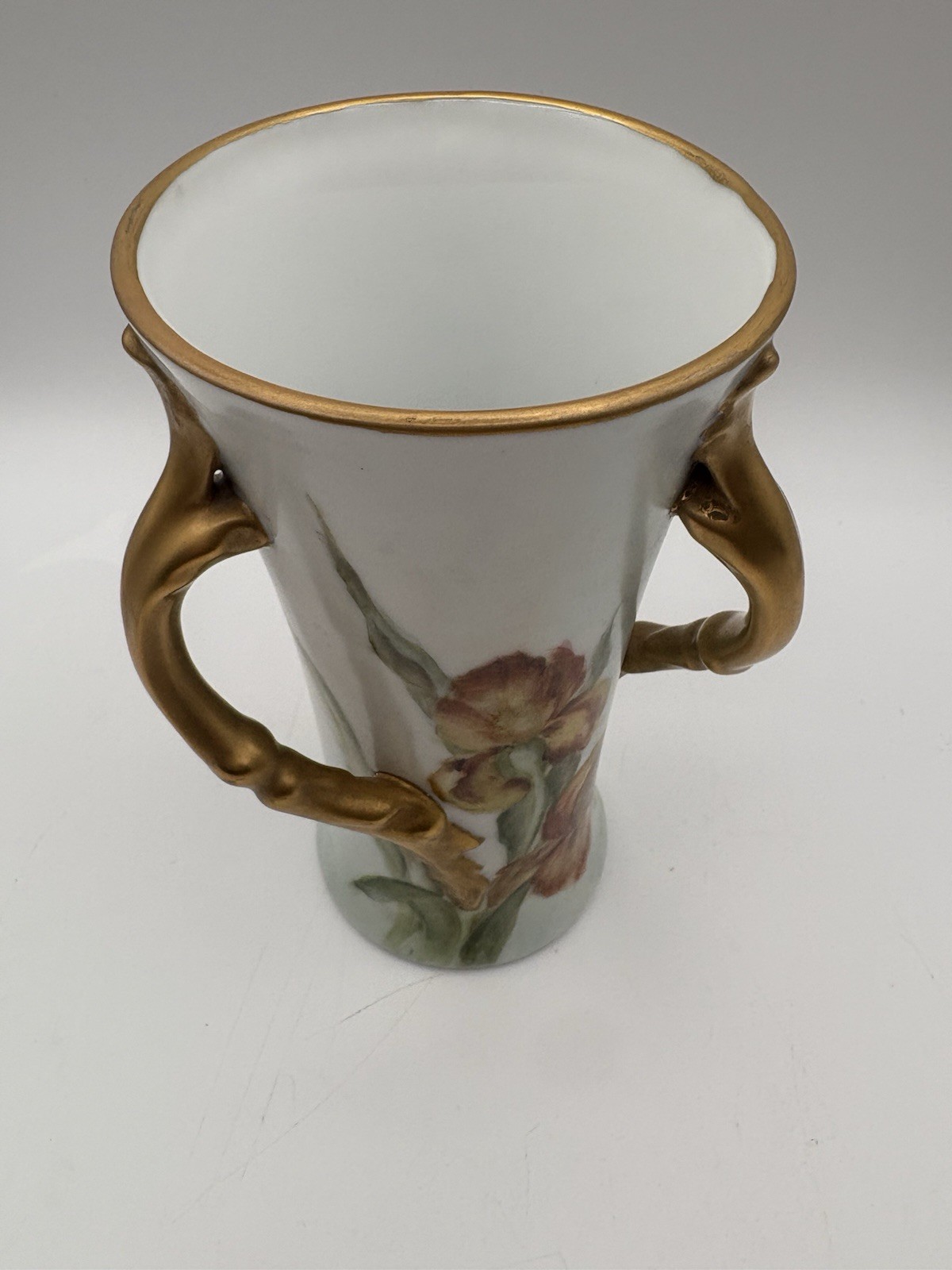 White Ceramic Floral vase with Gold Trim triple Handles, Pink Green Flowers