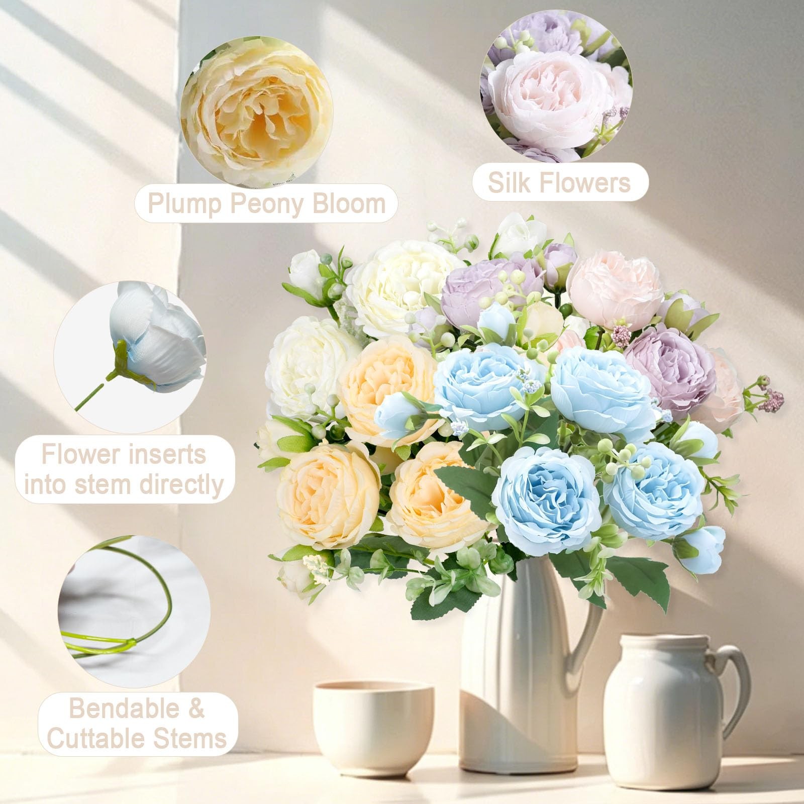 Fake Flowers,20pcs Artificial Flowers of Realistic Peony Bouquet for Spring, …