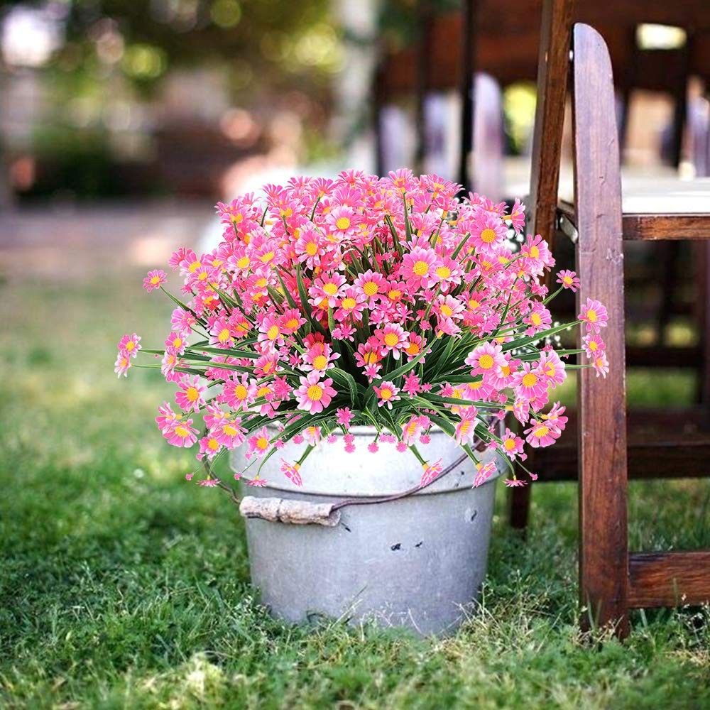 UV Resistant Artificial Daisies 4 Bundles of Faux Flowers for Indoor &
