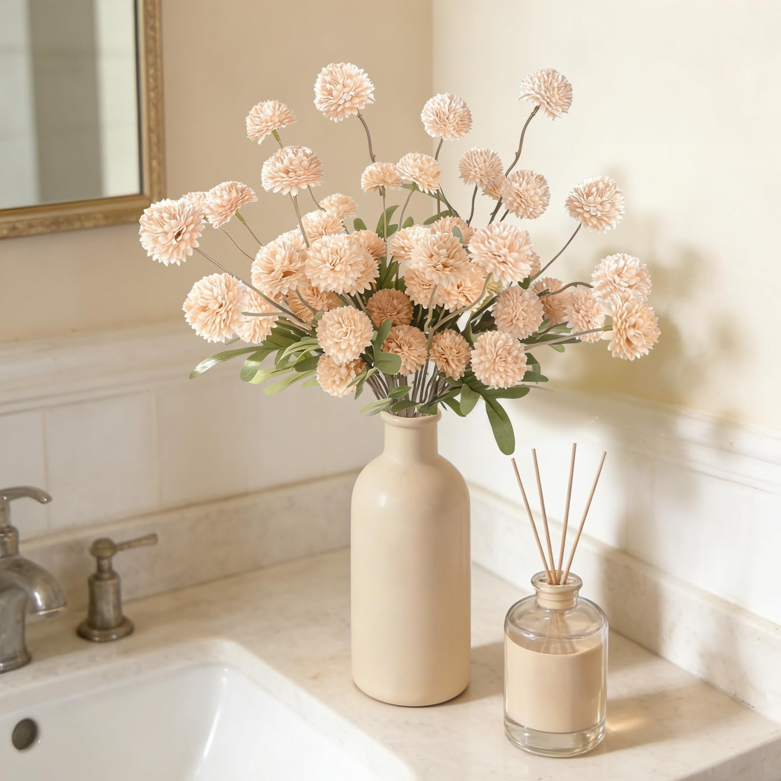 8 Pcs Apricot Beige Silk Pompon Kiku Mums, Artificial Flowers for Vase, Fake …