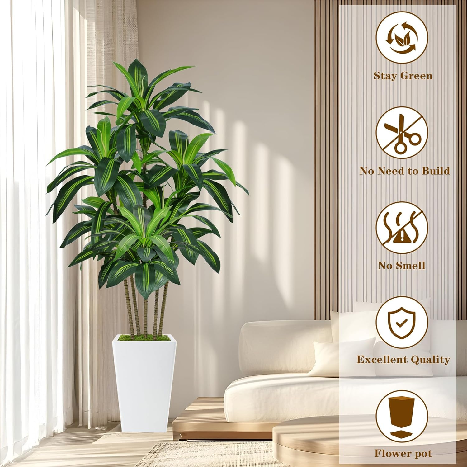 6FT Artificial Dracaena Tree, Fake Tree Indoor with White Tall Planter,Tall Arti