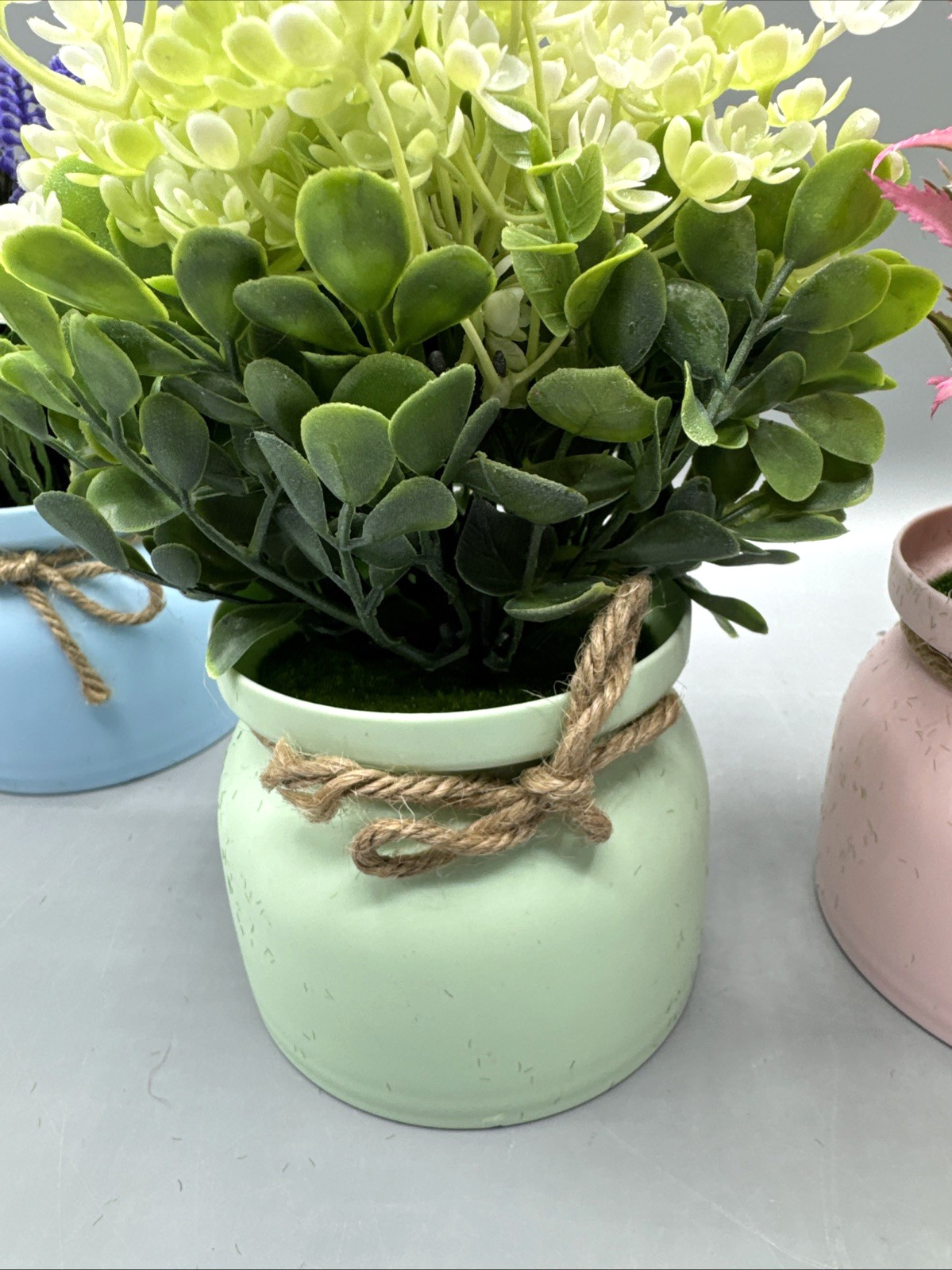 4 Pack Fake Flowers Small Artificial Faux Plants in Plastic Macaron Pots