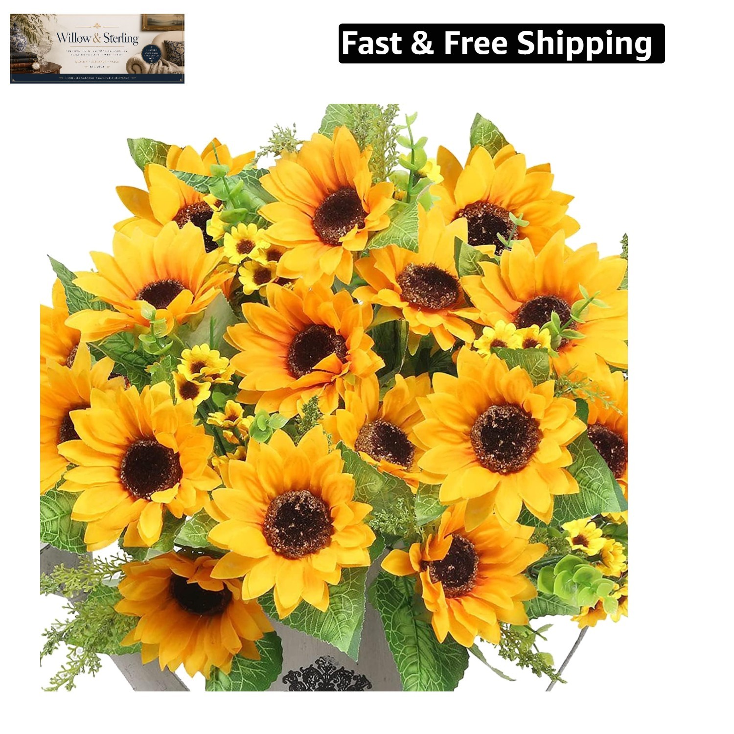 Artificial Sunflowers for Outdoors – 2 Bunches Fake Sunflower Bouquets with 1…