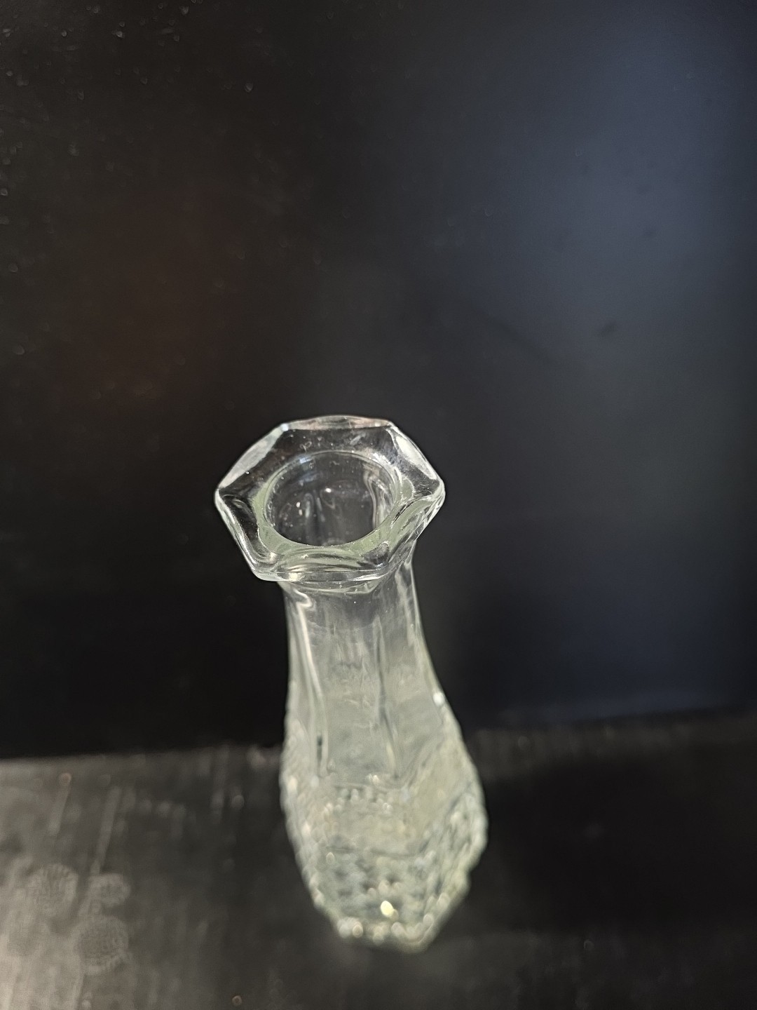 Vtg Indiana Glass Diamond Point Clear Bud Vase 8″ Hexagon Base MCM Pressed Glass