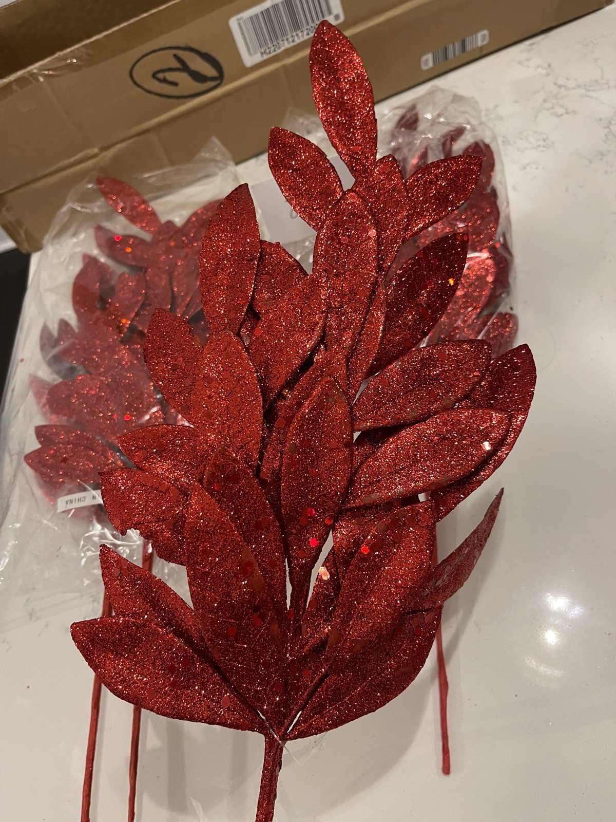 Set of 4 Shimmery Leaf Picks Red by Valerie Home Decor