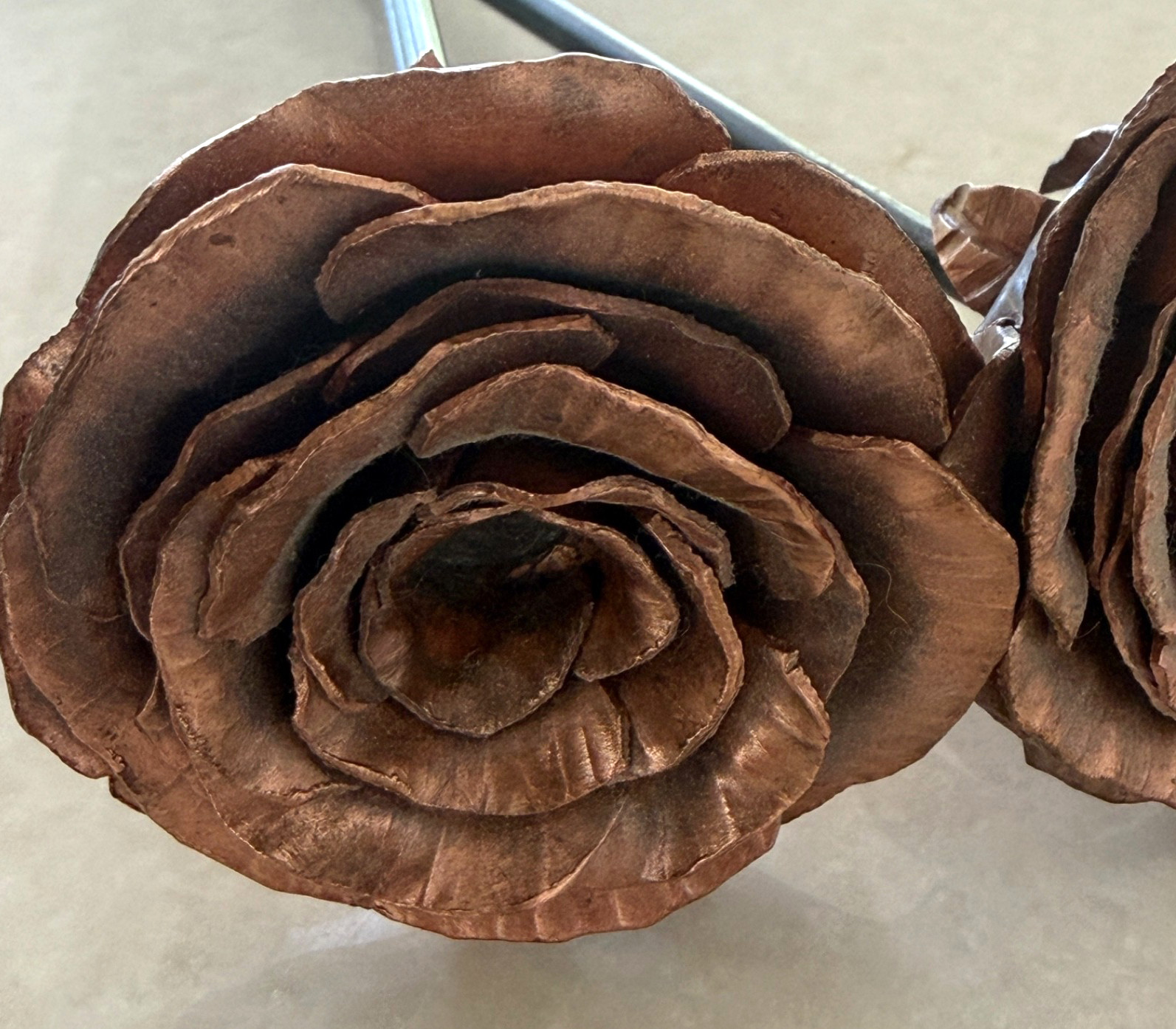 Copper-Tone Metal Rose Sculpture Pair 7” 9” Handcrafted Floral Decor