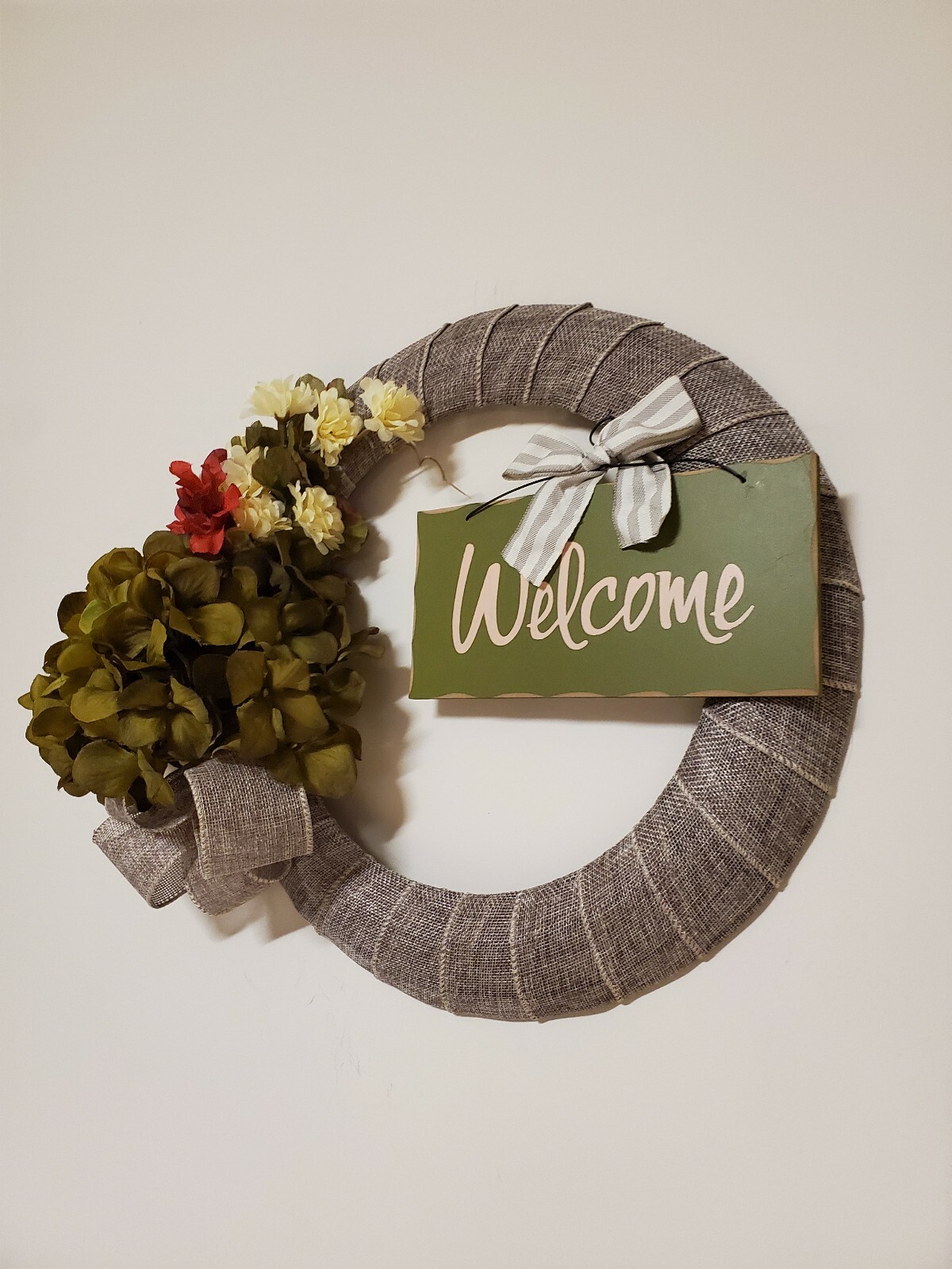 WELCOME wreath FLOWER Hydrangeas Mums burlap FALL autumn Decor Front Door 15