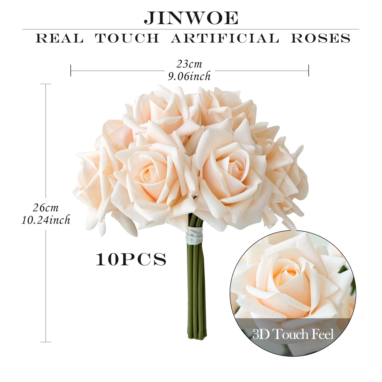 10 Pcs Cream Real Touch Artificial Rose Flower Bridal Bouquet Arrangements