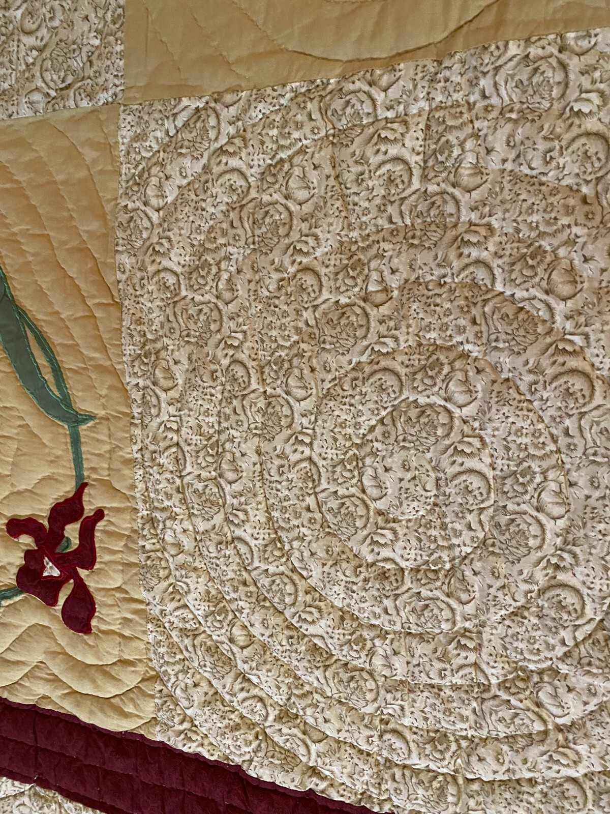Hand Made Wall Hanging Floral Tan Red Green Hand Stitch