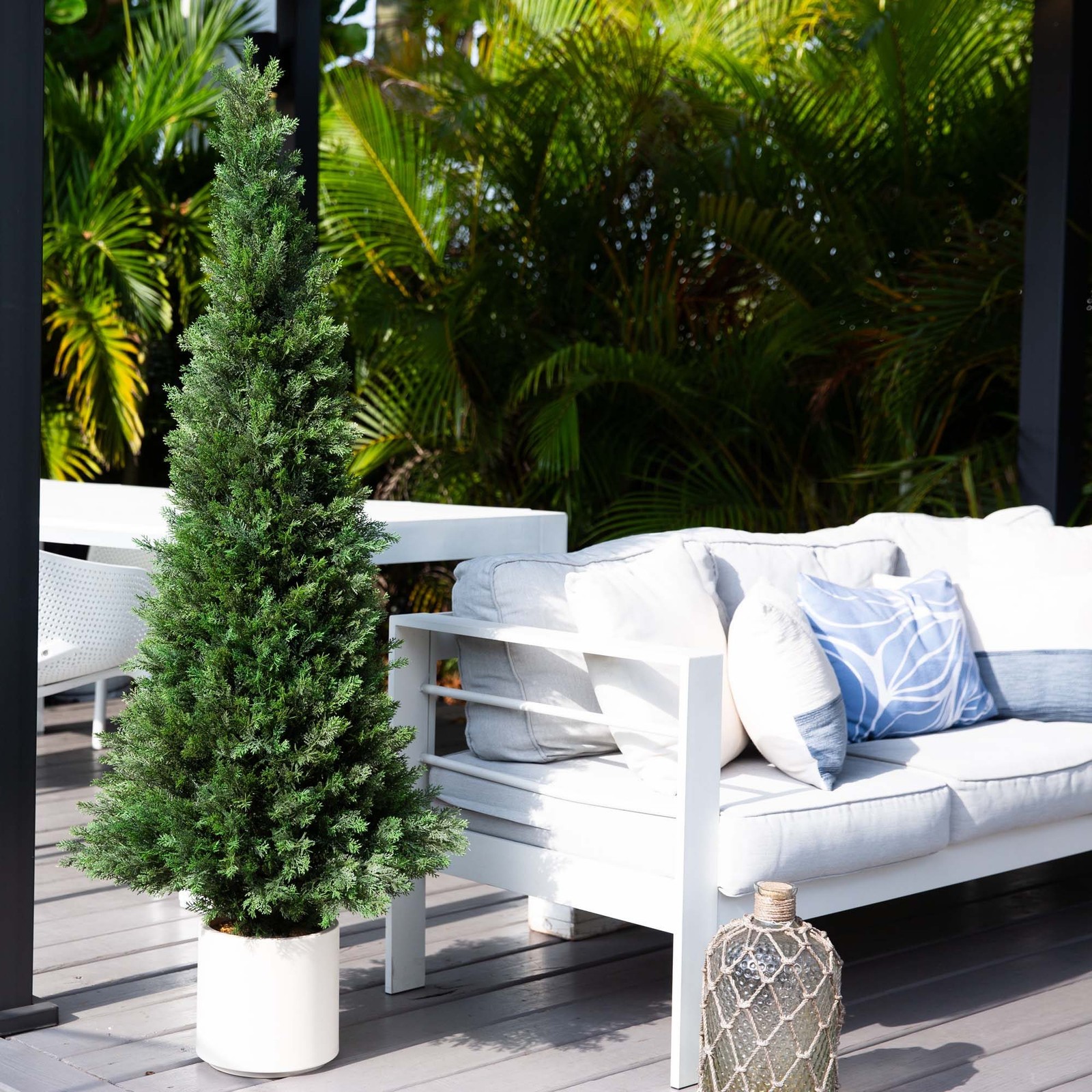 Nearly Natural 5ft UV Resistant Cedar Tree in White Planter in Green