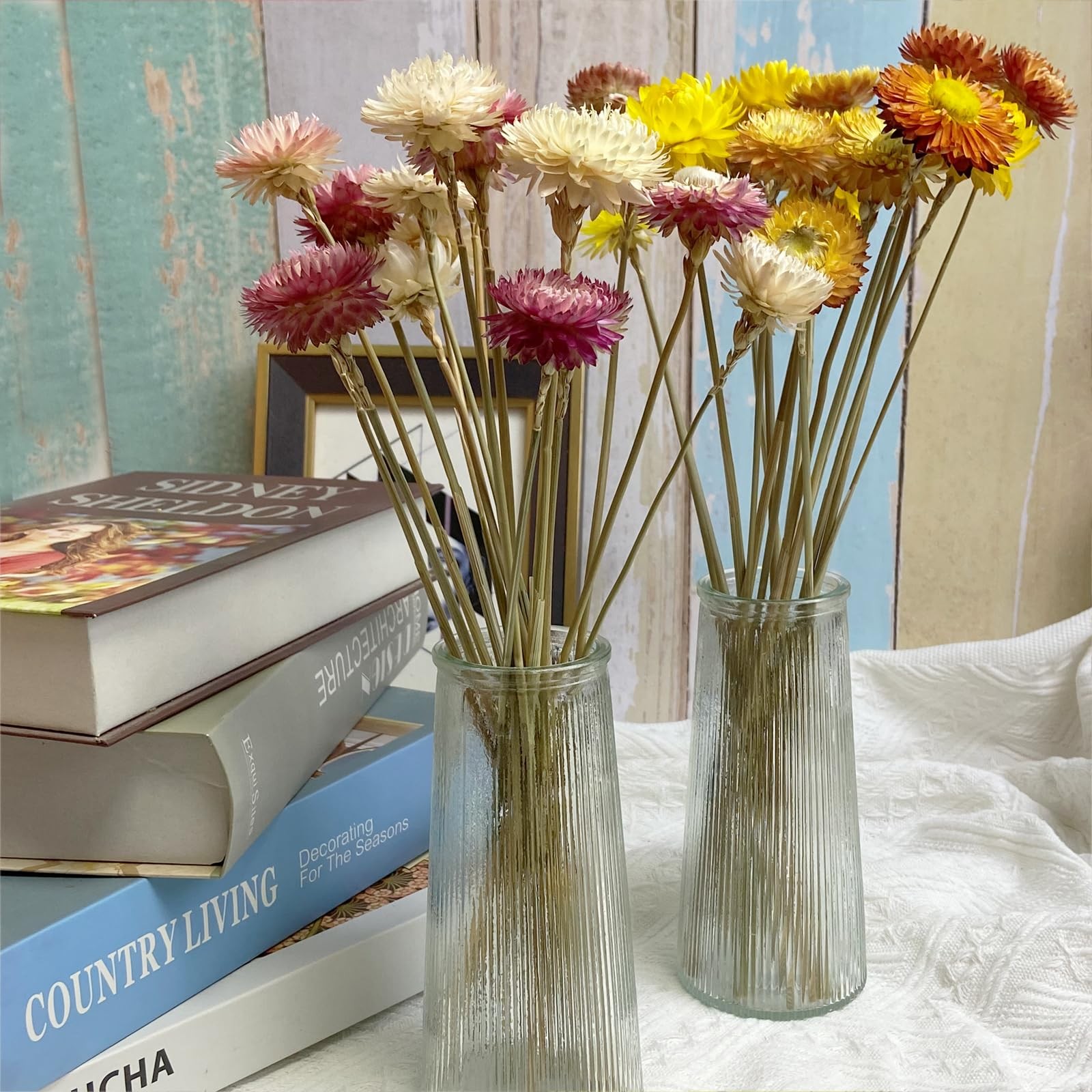 16 PCS Pink White Natural Daisy Strawflower Dried Flower Bouquets Party Decor