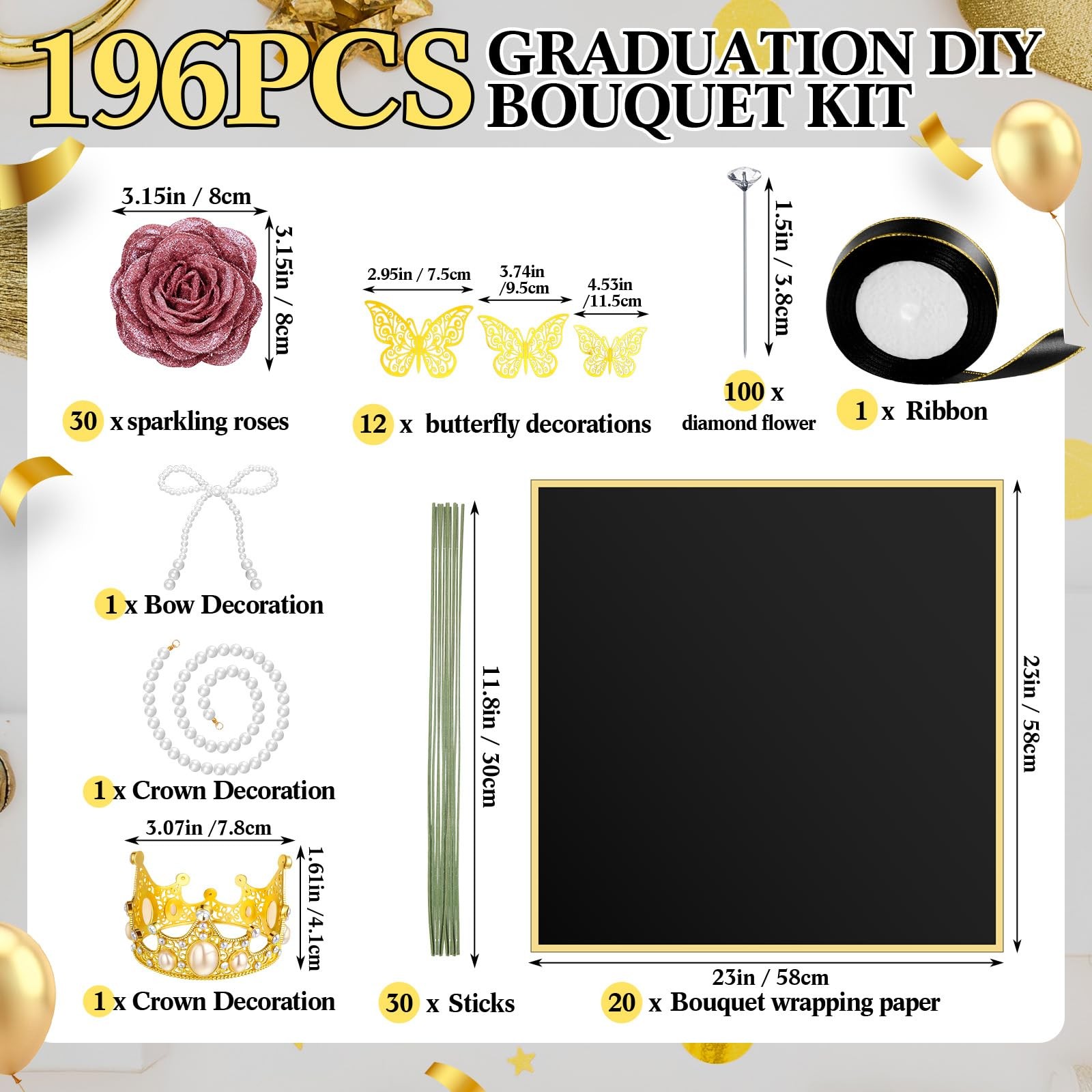 196 Pcs Graduation Gifts DIY Glitter Roses Bouquet Kit Artificial Flower Bouq…