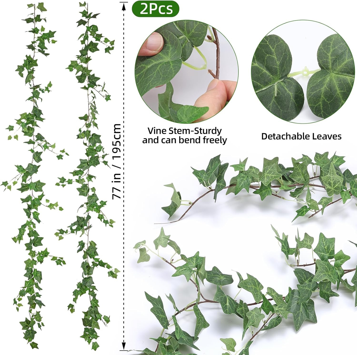 2 Strands Artificial Ivy Vines Garland, Fake Vines for Bedroom with Silk Green L