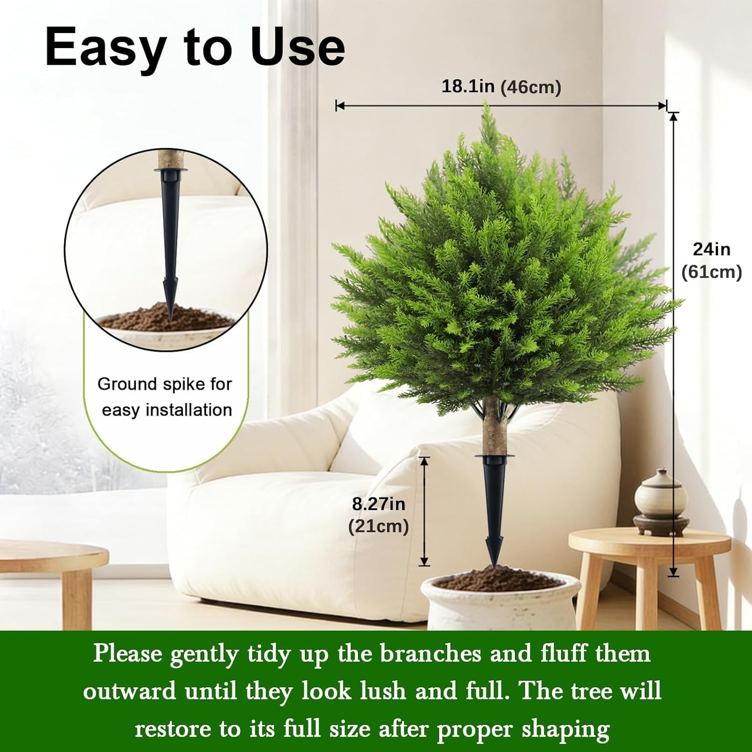 2 Set Artificial Cedar Topiary Ball Trees with Spike, 24″ UV Resistant Fake E…