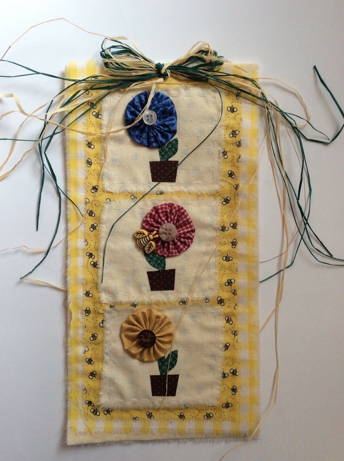 Flower Pots Honey Bees Wall Table Decor Quilted 5+X 10-1/2” Rustic Handmade USA