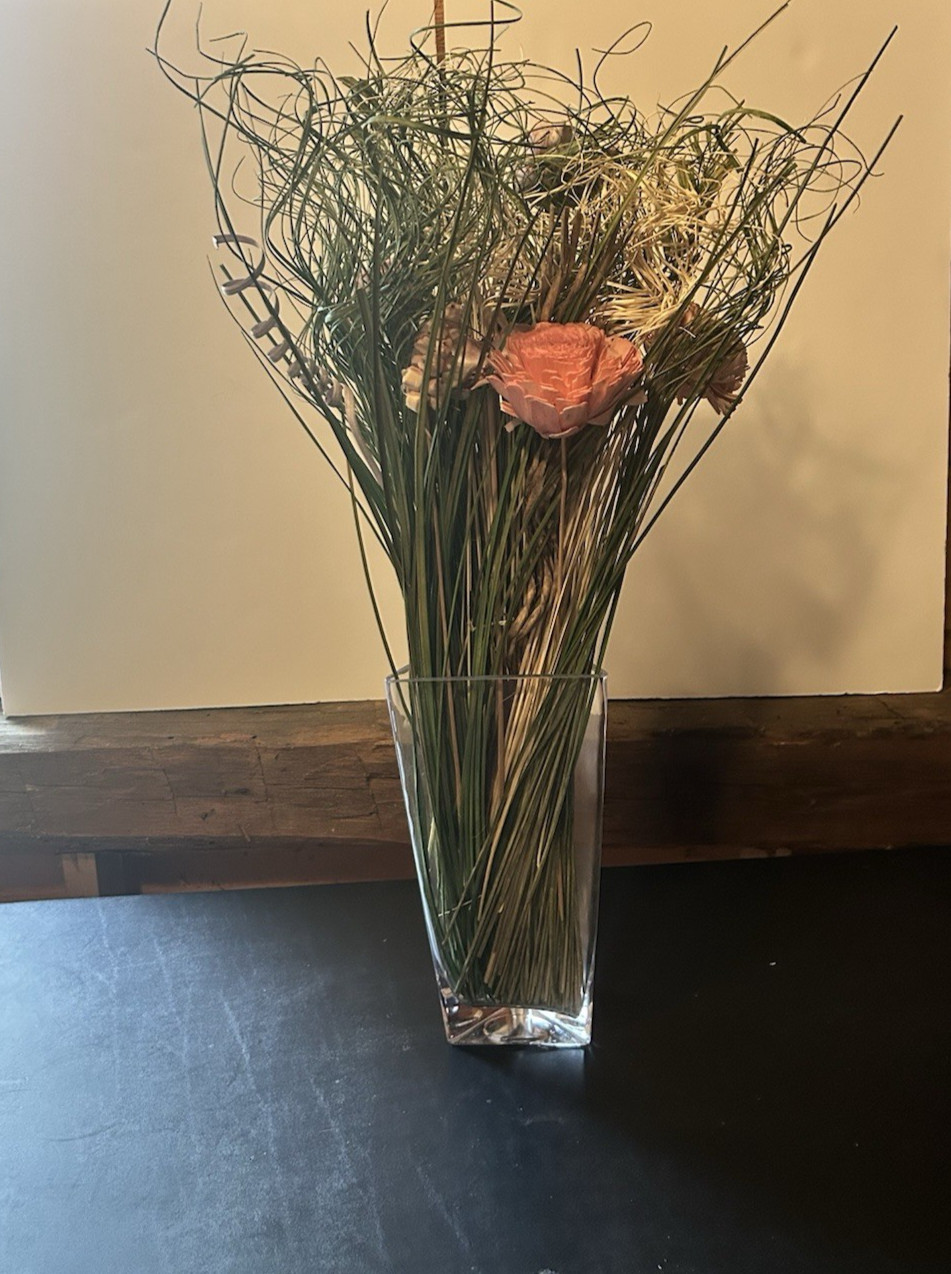 Artificial Flower And Ornamental Grass Display Glass Vase
