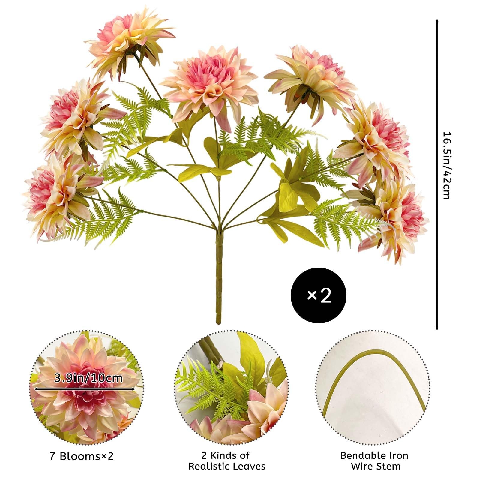 14 Blooms Artificial Dahlia Flowers, 2 Bunches Gradient Pink Fake Dahlias wit…