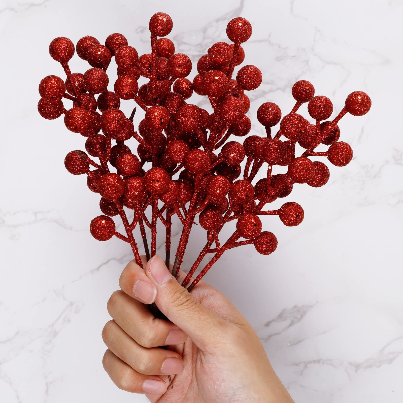 24 Pack 8 Inch Christmas Glitter Faux Winter Berry Sprigs, Artificial Sparkin…