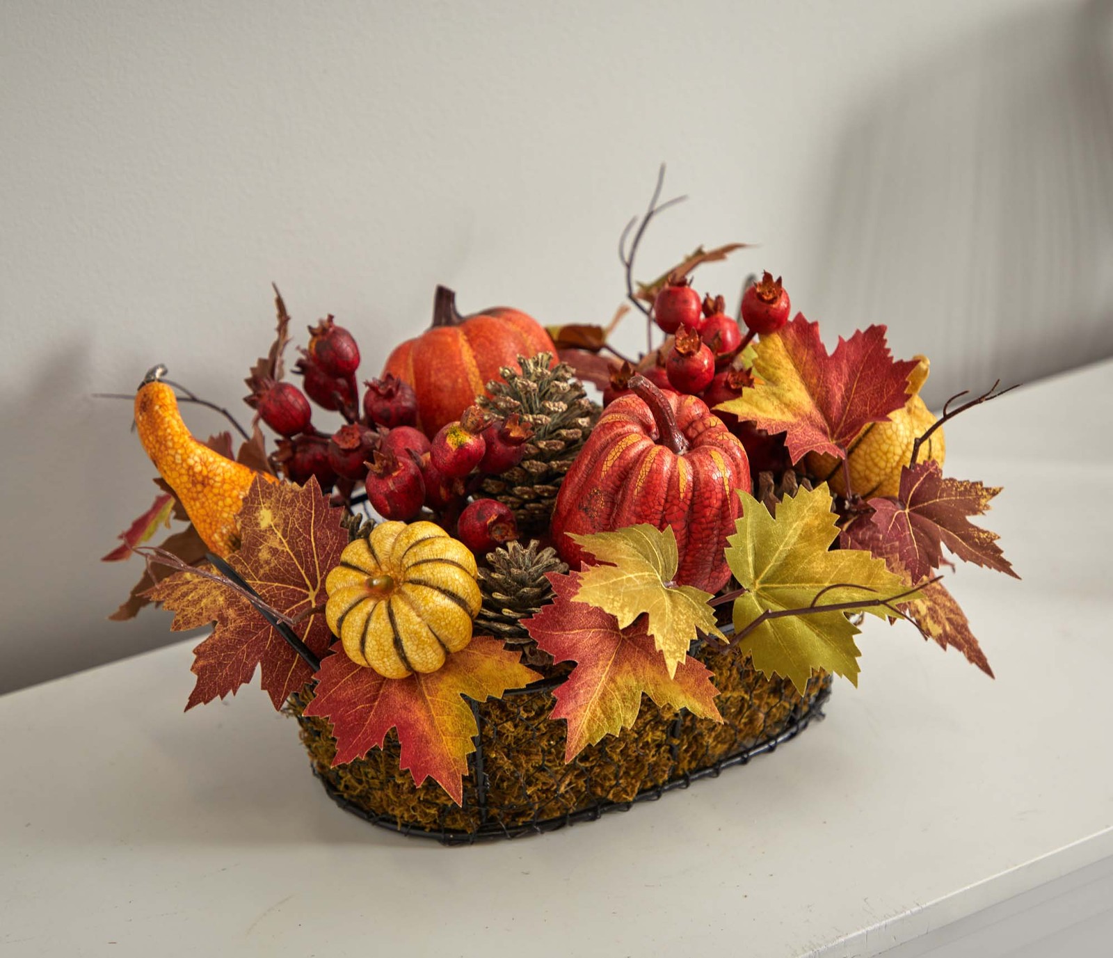 Nearly Natural Pumpkin Gourd Berry and Maple Leaf Artificial Arrangement