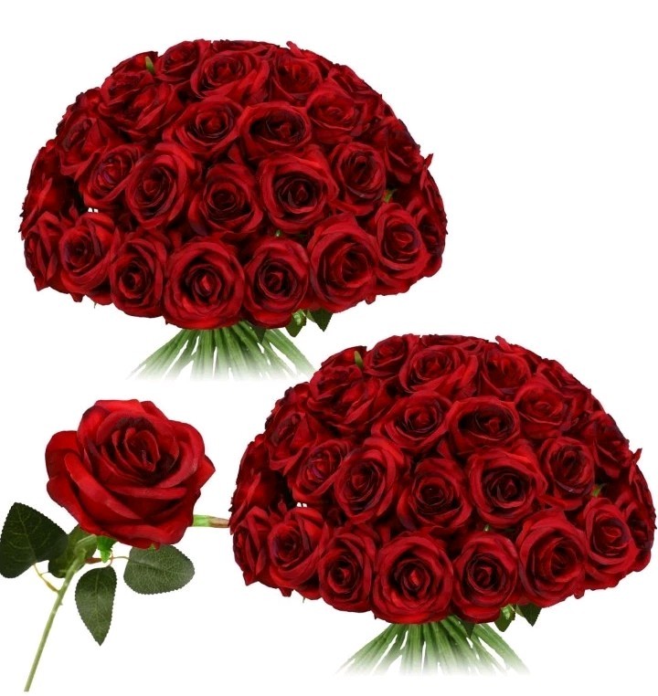 50pcs Fake Burgundy Roses Bulk, Red Roses Artificial Flowers .