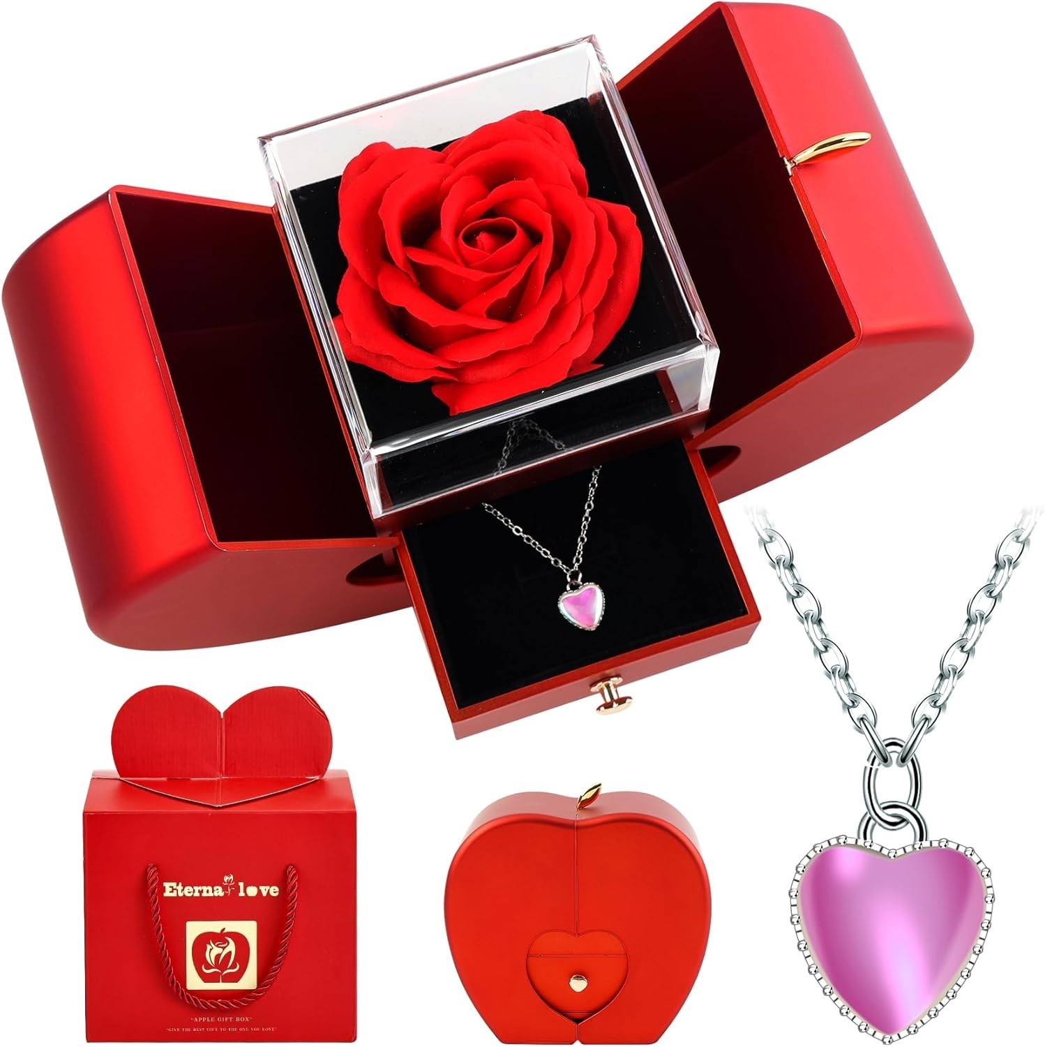 Forever Red Roses in A Box Preserved Rose with Rainbow Necklace Heart Box