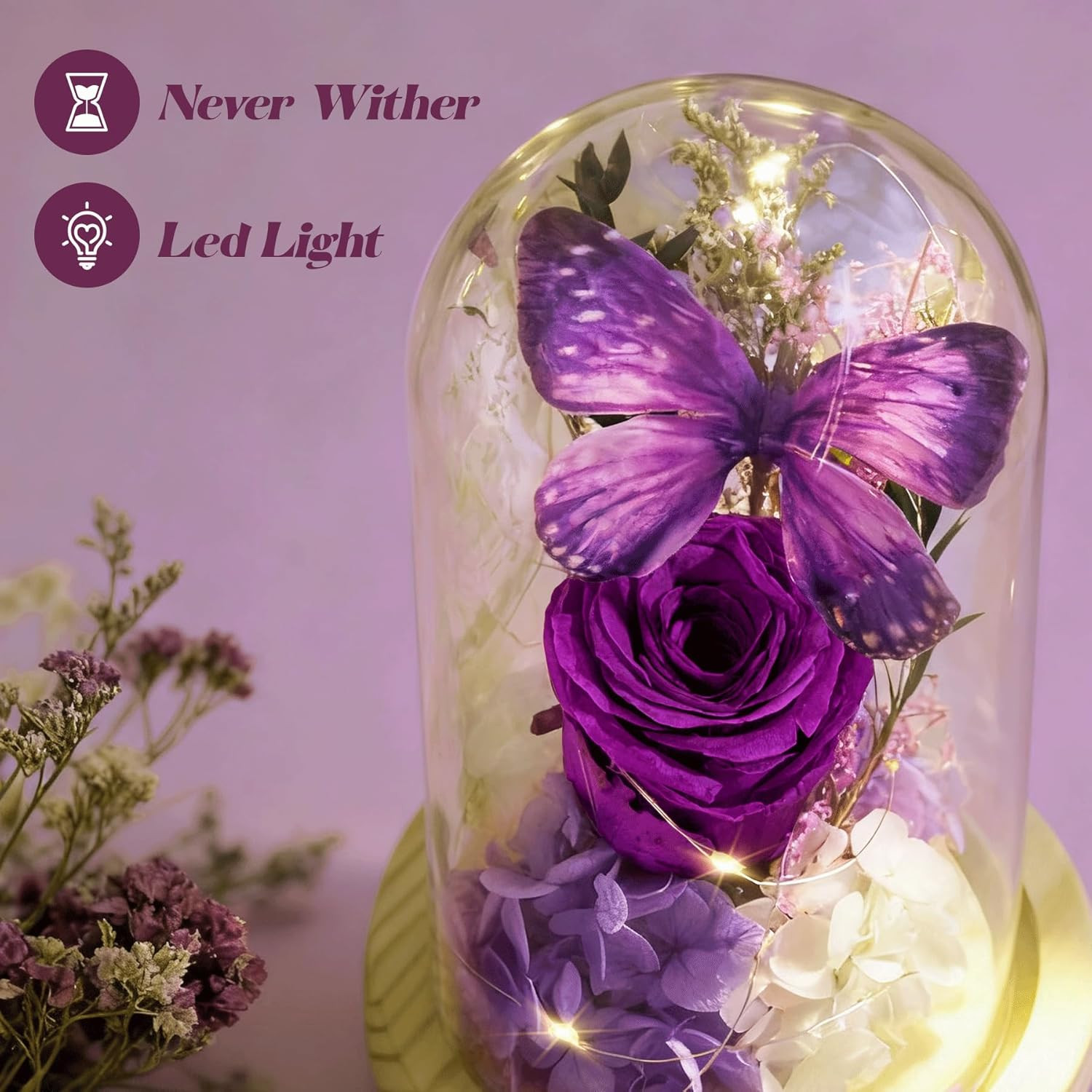 Forever Flowers Preserved Roses Prime Delivery, with Light in Glass Dome for Mom