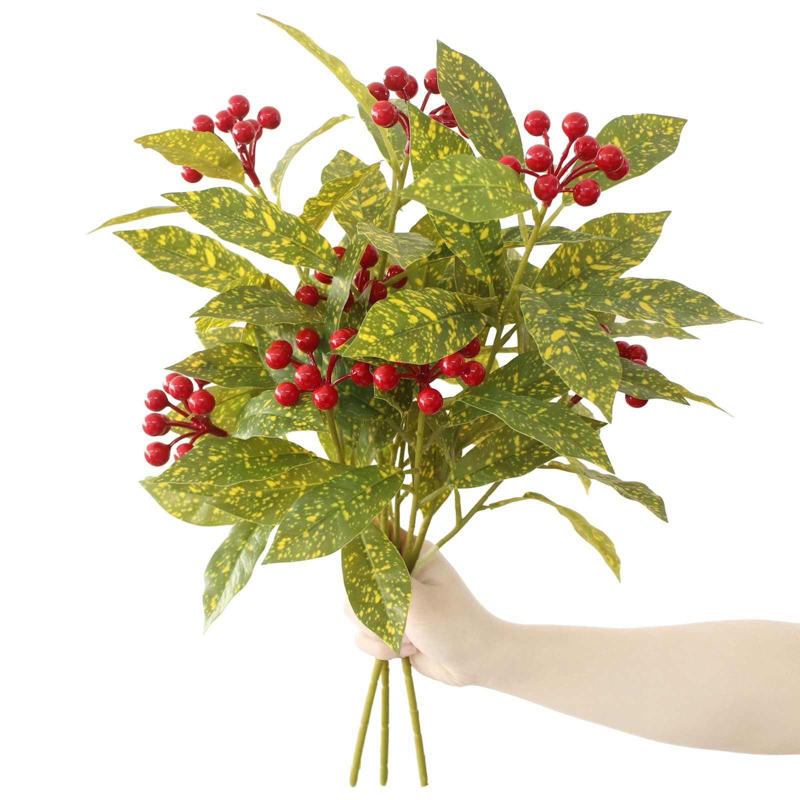 3 Pcs Artificial Greenery Plants, 18″ Faux Christmas Red Berry Plants Stems f…