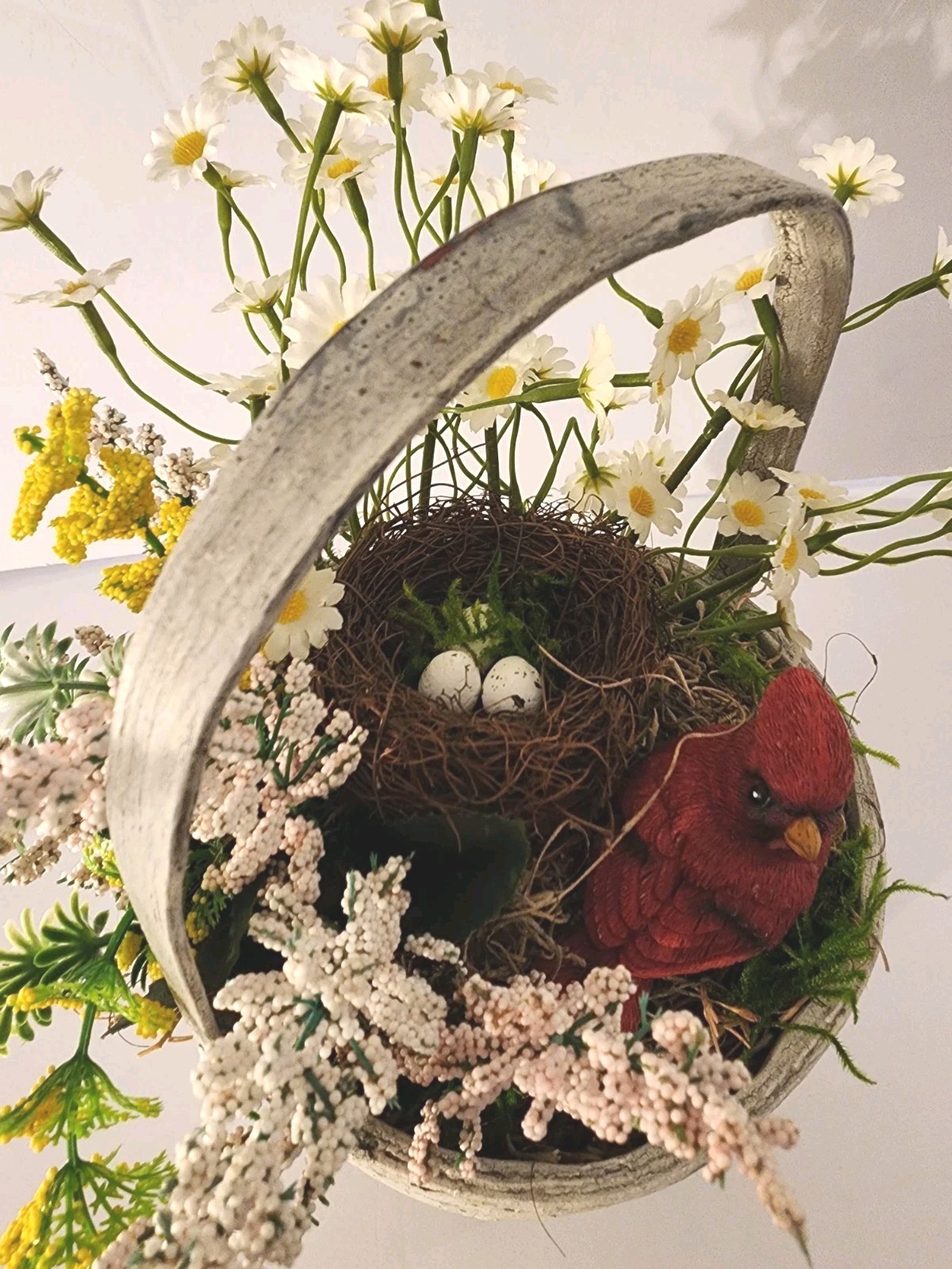 Artificial Bird Floral Arrangement In Crackled Apple Basket Summer Accent Piece