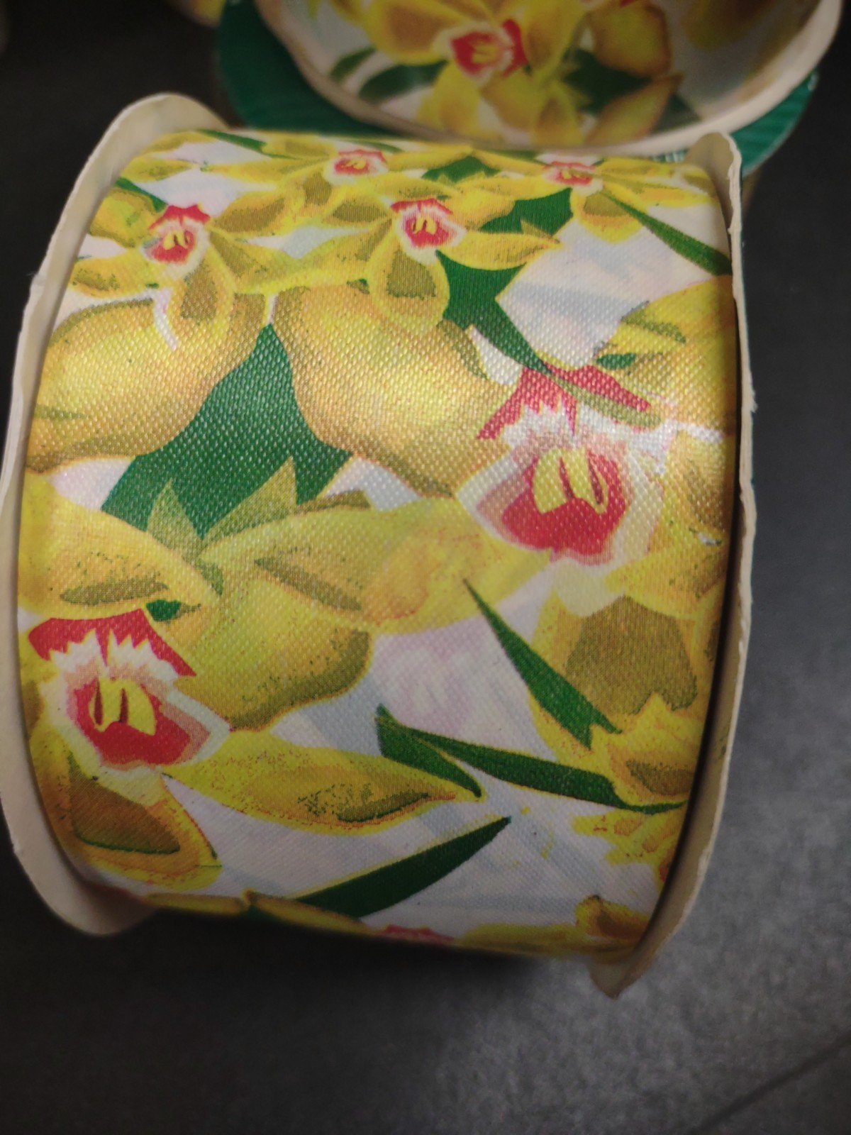 50Yds Berwick Flora-Satin Orchid Ribbon, Yellow & White Cymbidium Orchids 2-3/8″
