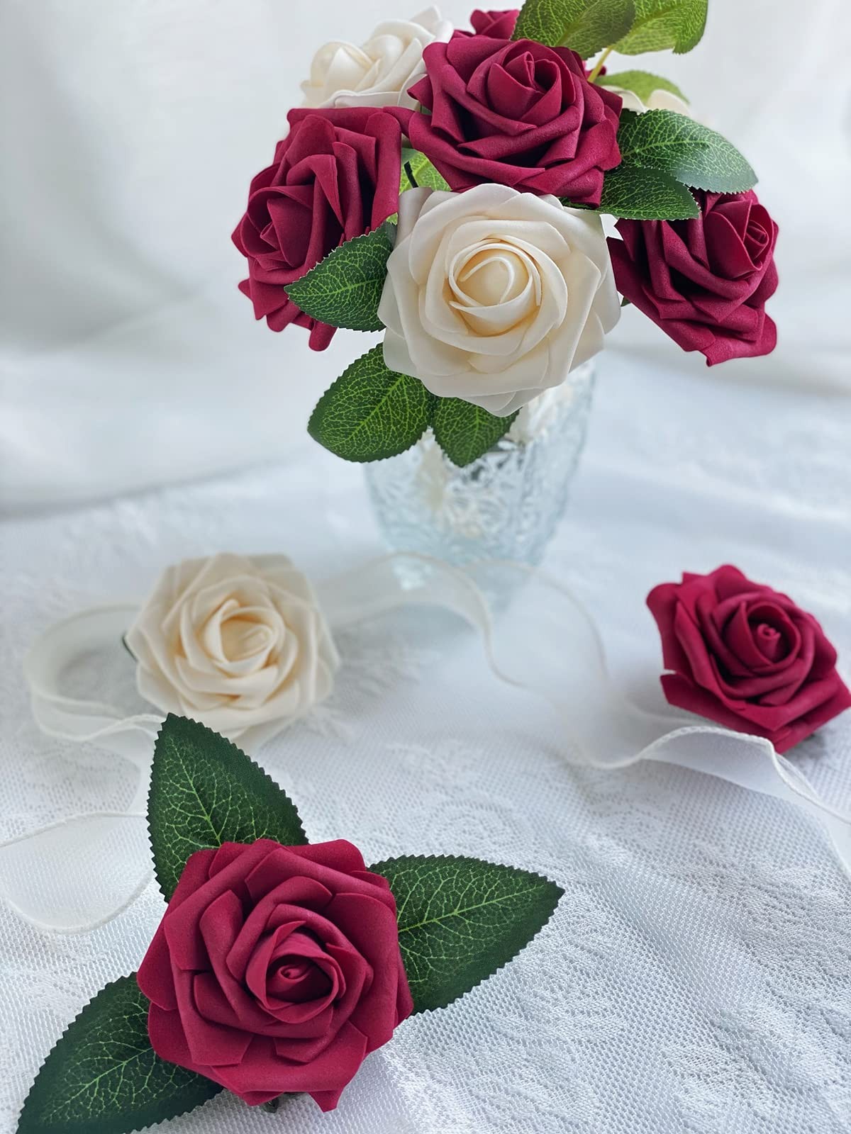 Artificial Flowers 25 pcs Fake Burgundy Champagne Roses for DIY Wedding Bouqu…