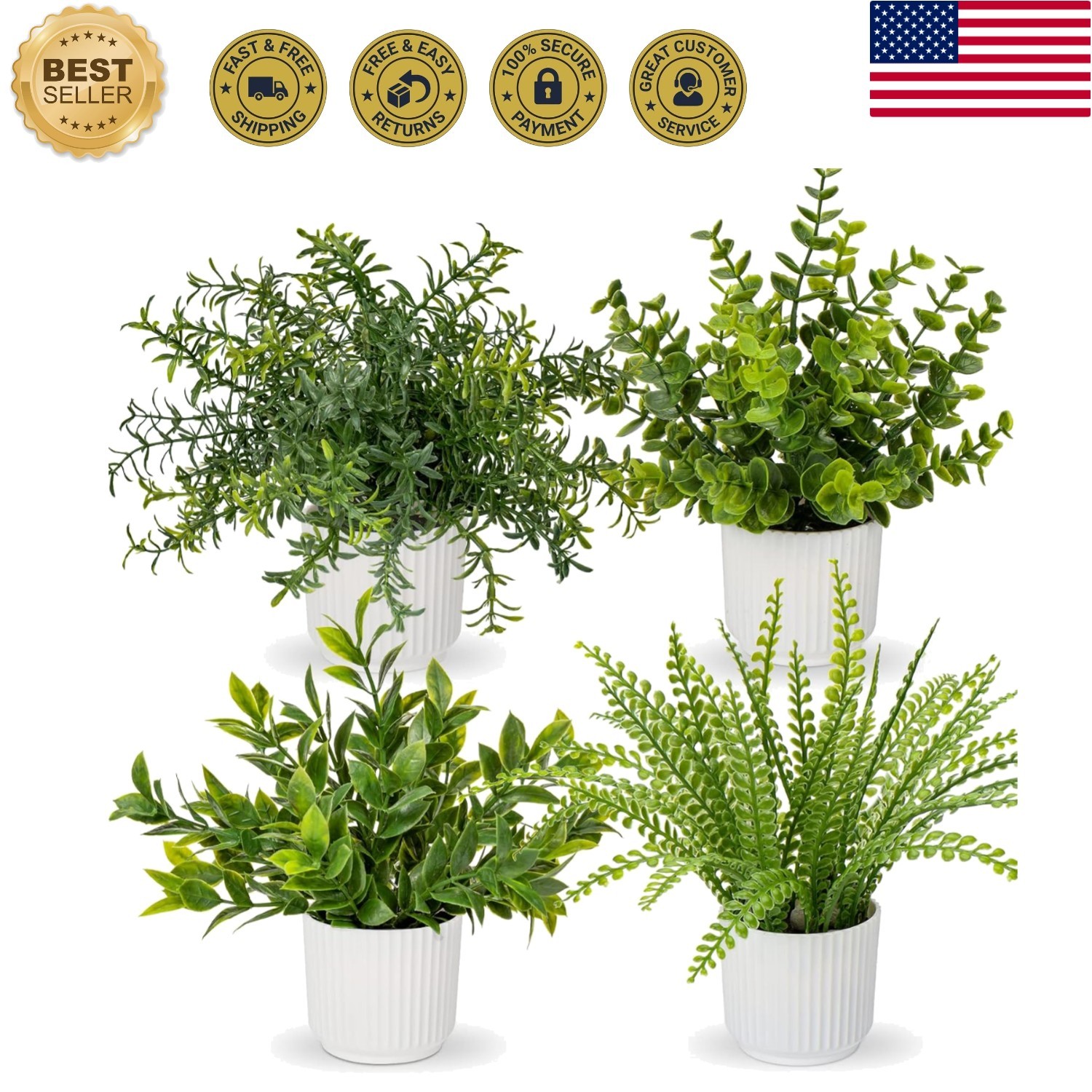 4 Pack Artificial Potted Plants Eucalyptus Rosemary Boston Fern ZZ Plant Fake…