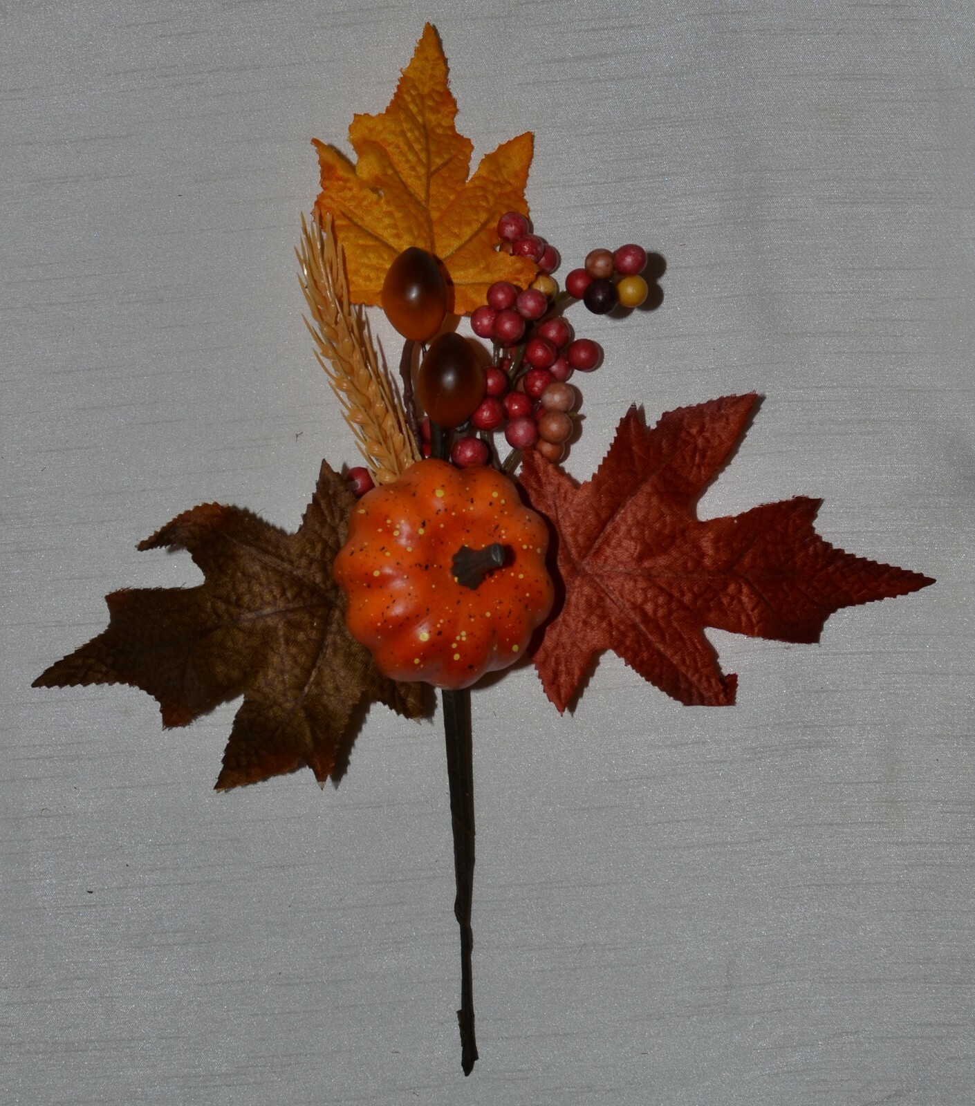 Set of 2 Silk Fall Leaf Orange Pumpkin Berry Wheat Pick~Artificial~Thanksgiving
