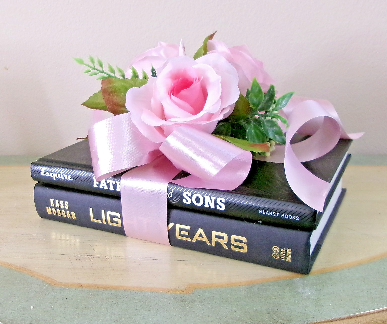 Decorative Book with Silk Pink Roses Accent Arrangement New