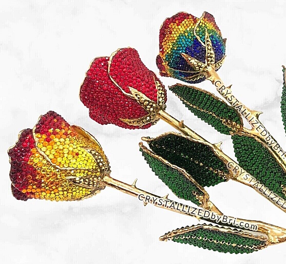 Bling Preserved Rose AUSTRIAN CRYSTAL Red Bedazzled Real Gold Trim Dipped Custom
