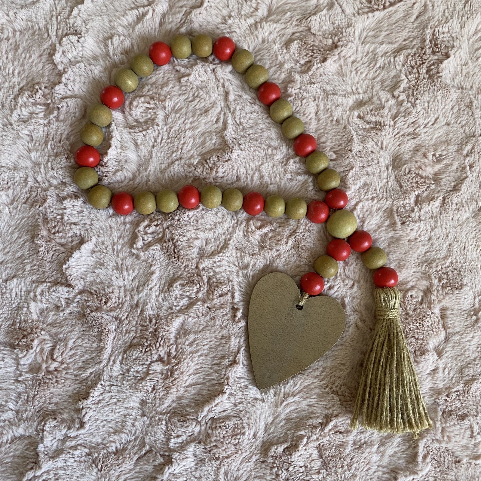 Wood Bead Pink & Tan Tassels Heart Love Garland Loop 17″