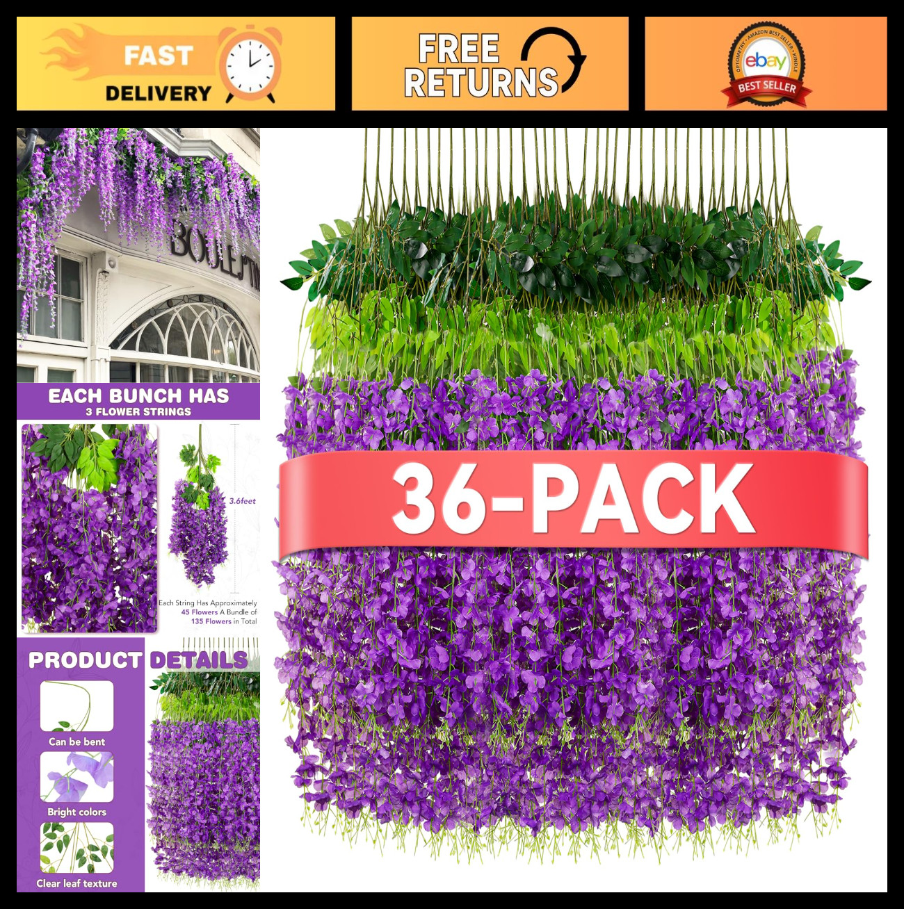 36 Pack Wisteria Hanging Flowers – Artificial Garland for Wedding, Party, Garden