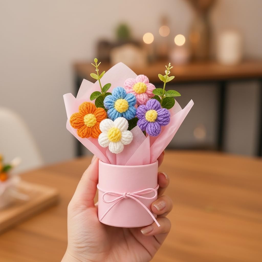 Colorful Handmade Mini Flower Bouquet Gift – Crochet Artificial Flowers in Pot