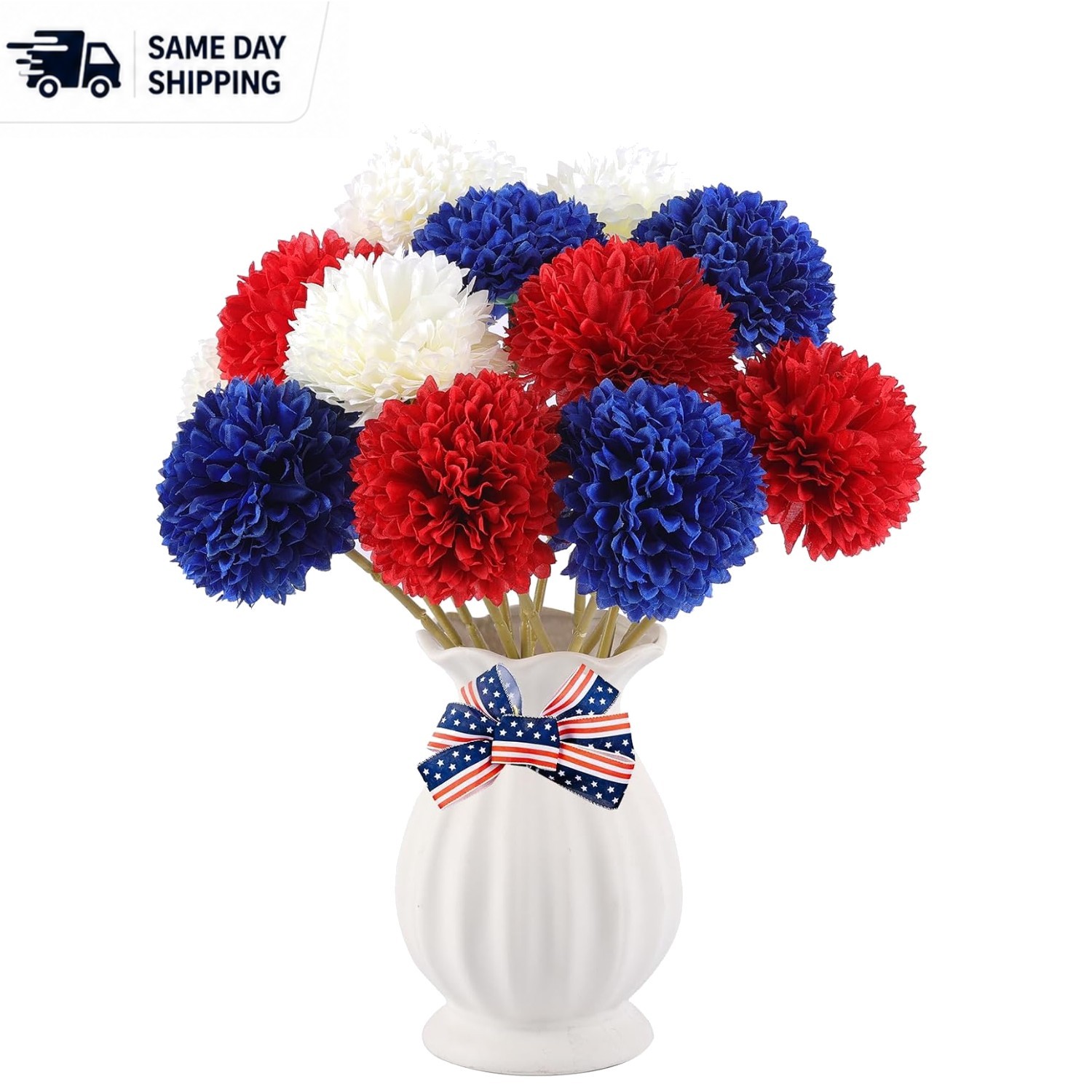 Patriotic Faux Silk Chrysanthemums – 12 Pcs Ideal for Indoor Table Centerpieces