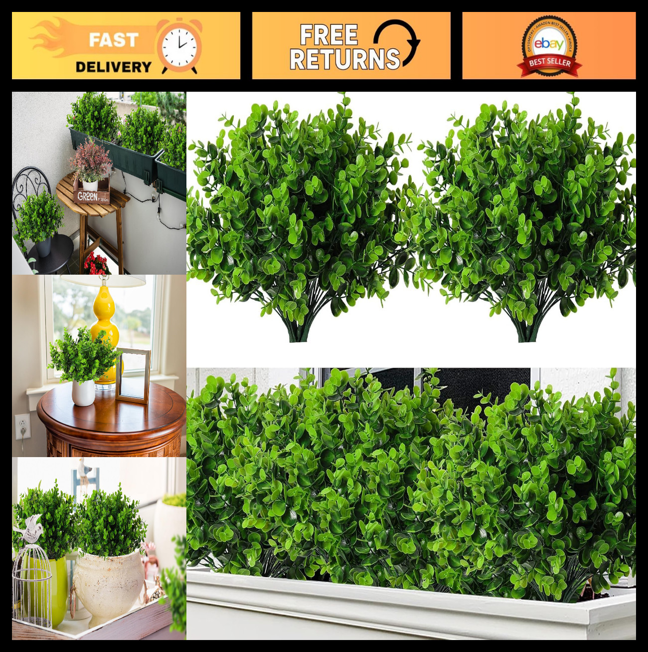 8 Bundles Faux Greenery Bushes – Artificial Eucalyptus & Boxwood Plants for Home