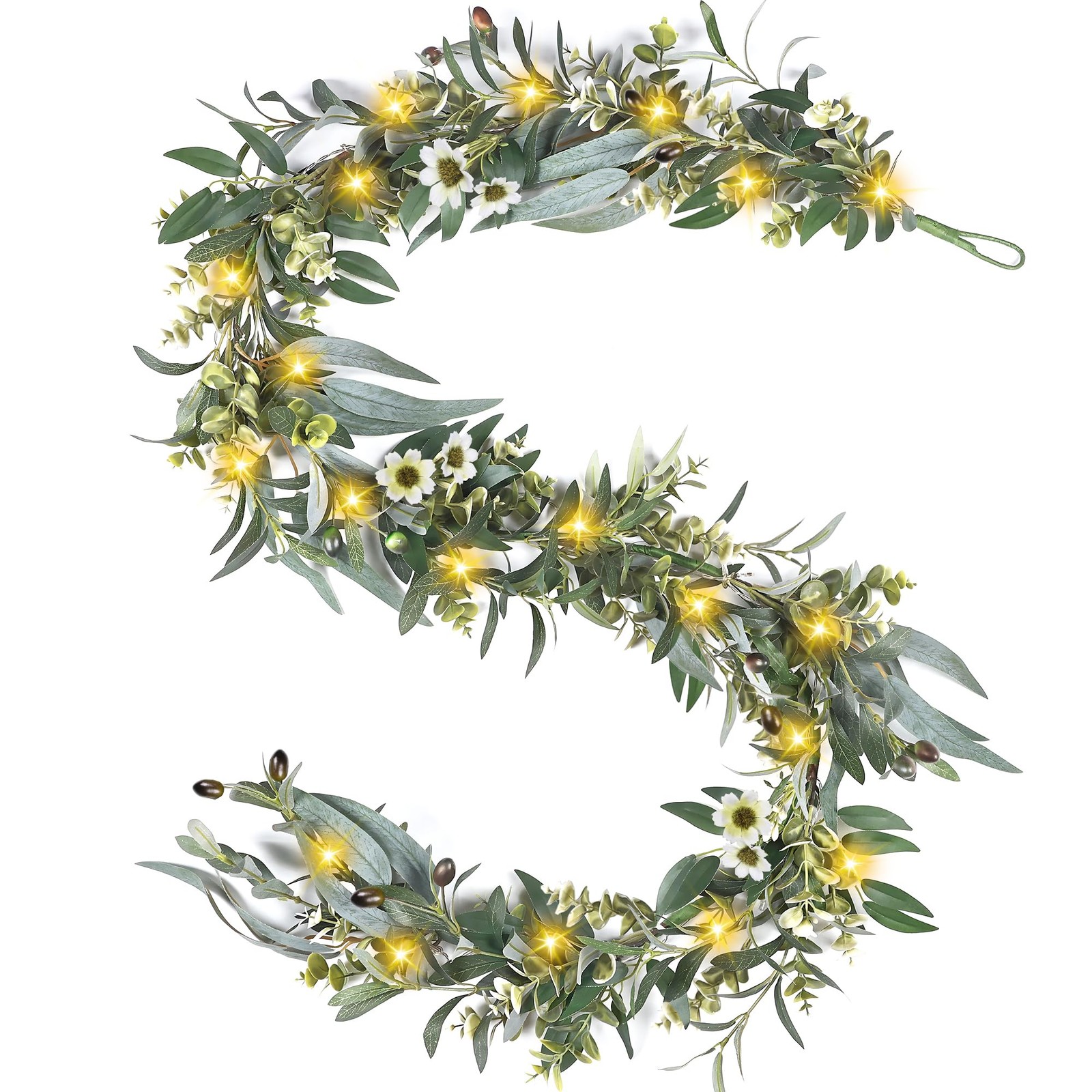 Olive Garland with Lights – 6 Ft Eucalyptus Garland with Timer 30 Fairy Light…