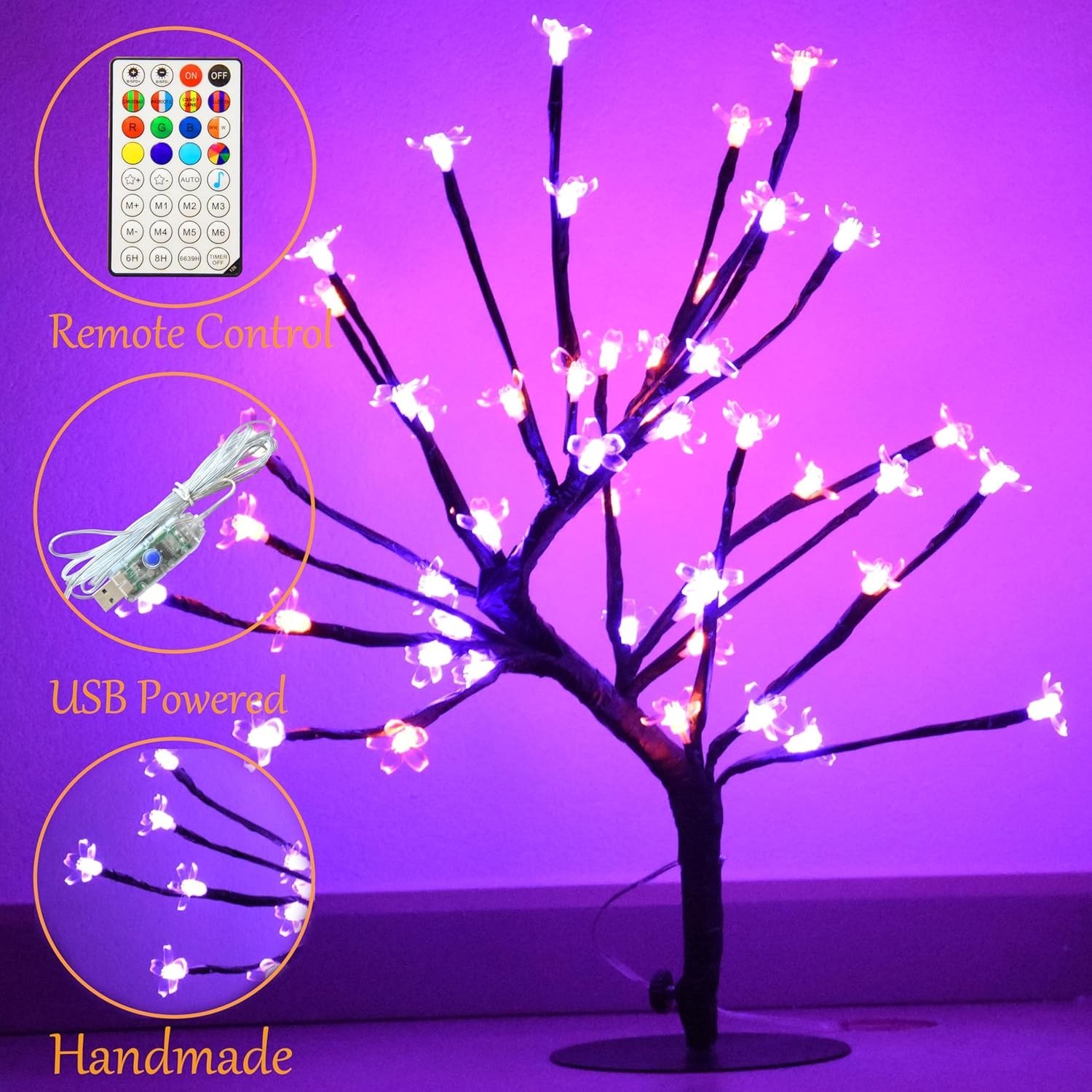 48 LED Cherry Blossom Tree Light, Color-Changing Cherry Flower Lamp，Artificia…